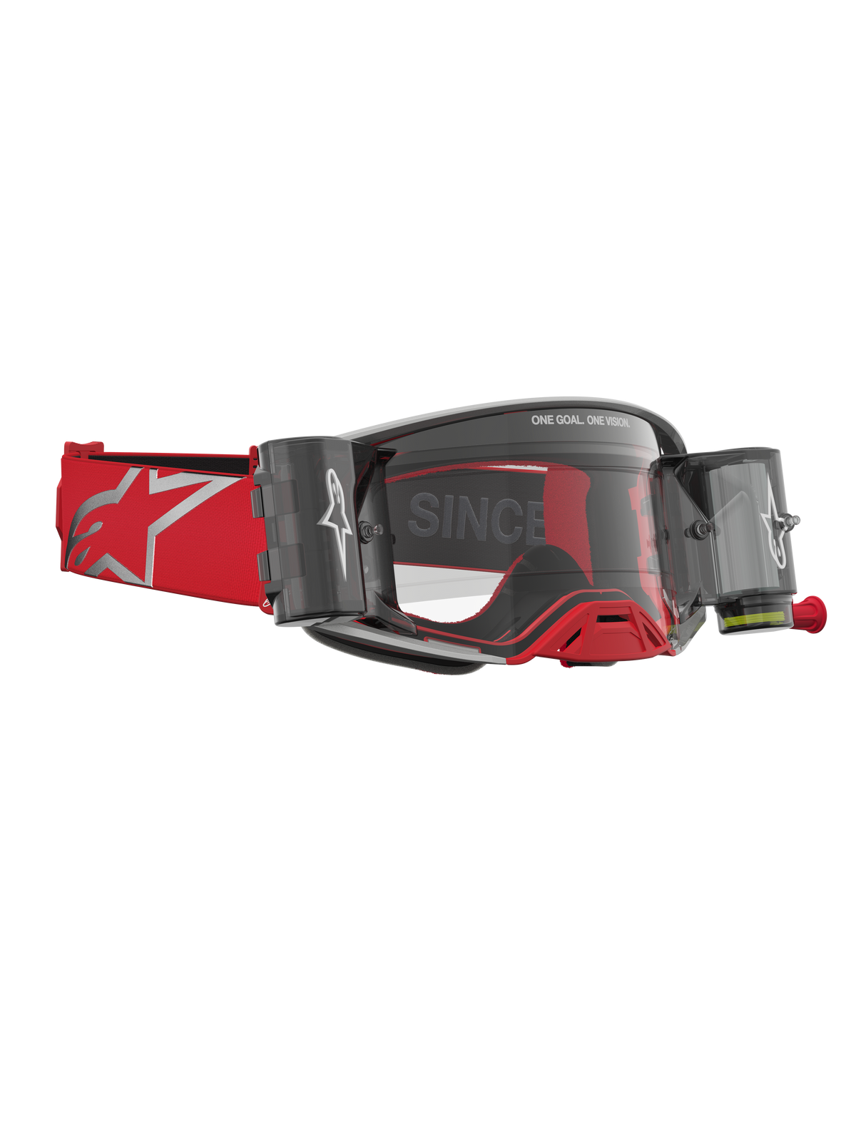 Alpinestars Supertech Firma Roll Off Goggles, red and silver motocross eyewear with integrated roll-off canisters.
