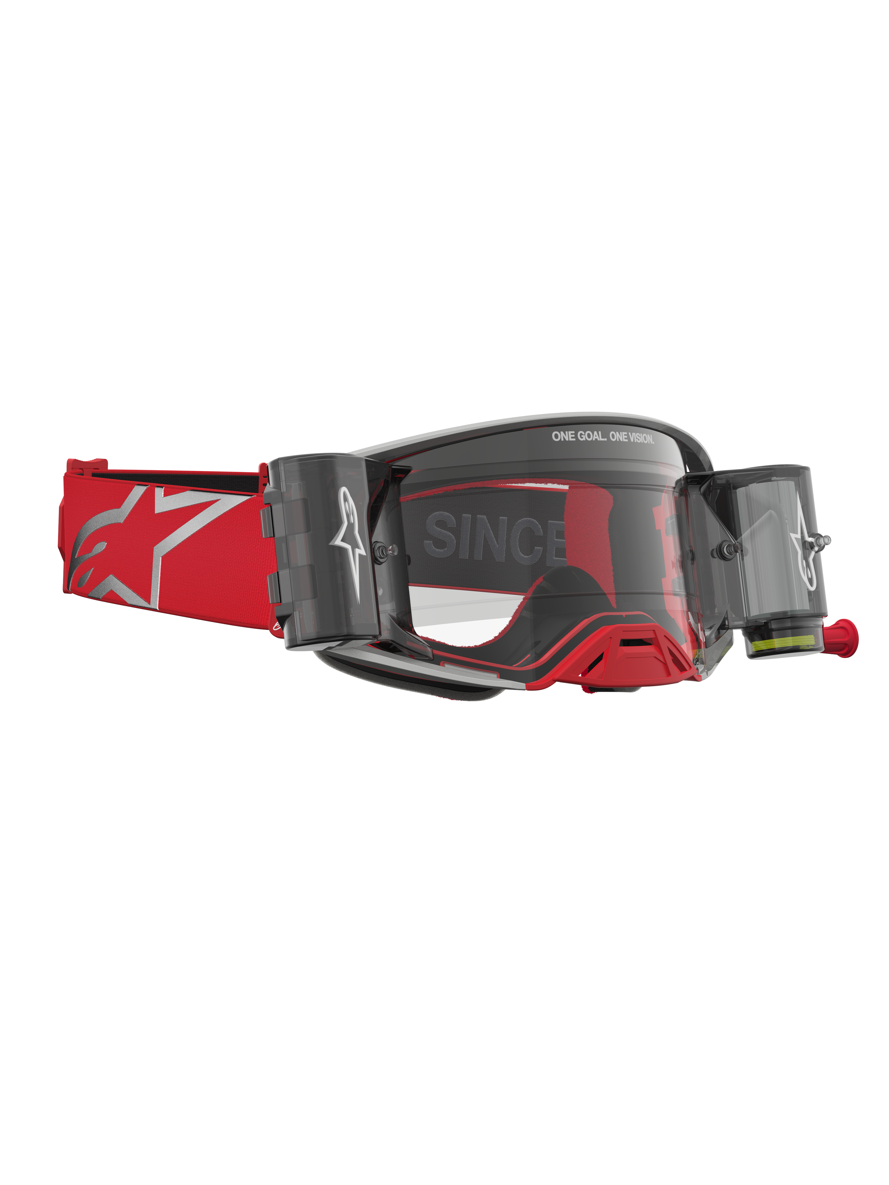 Alpinestars maschere Supertech Firma Roll Off, maschere da motocross e fuoristrada, uomo, rosso e argento, sistema Roll Off integrato, lenti trasparenti, cinturino con logo Alpinestars.