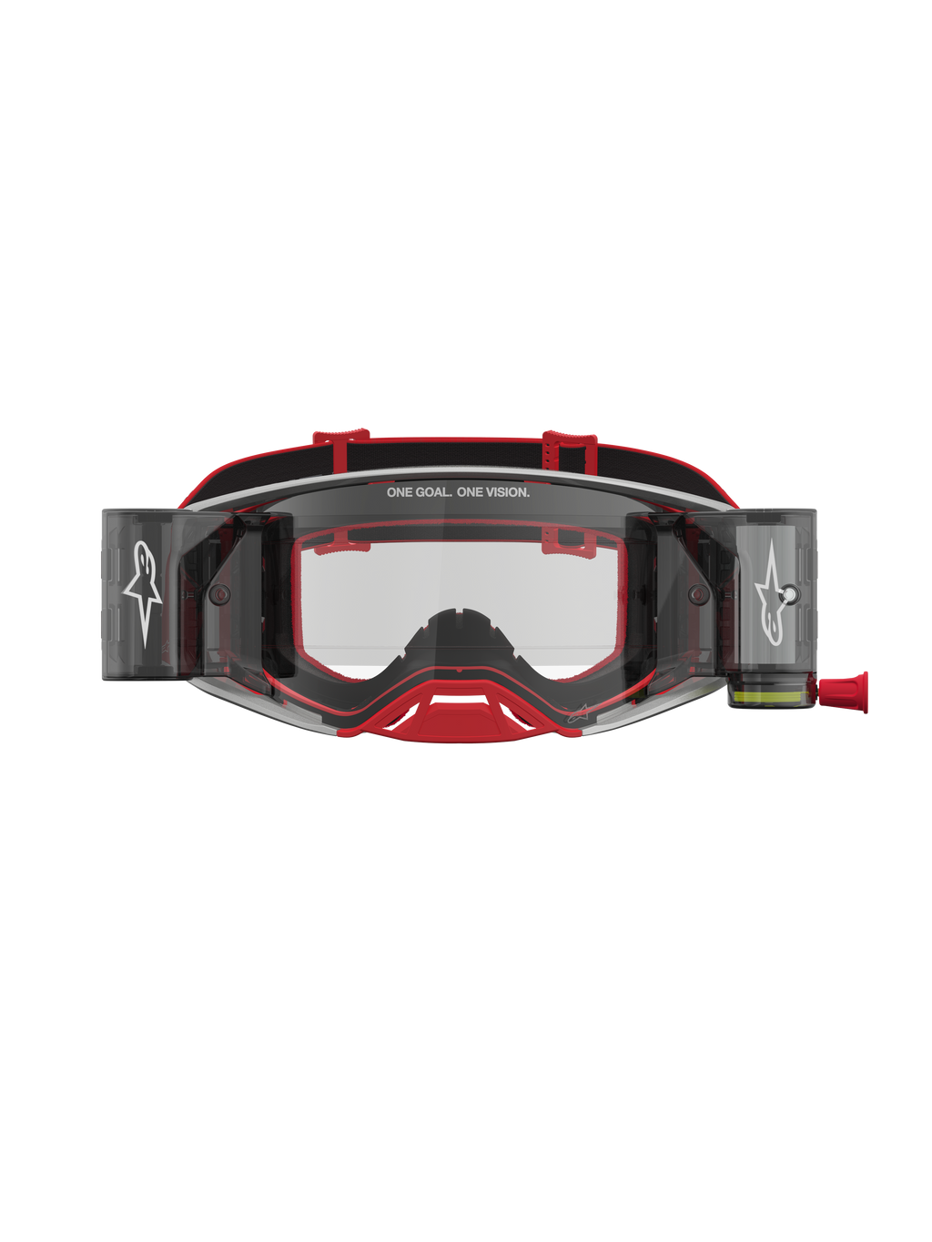 Alpinestars Maschere Supertech Firma Roll Off, maschere da motocross rosse e argento con lenti trasparenti e sistema roll-off.