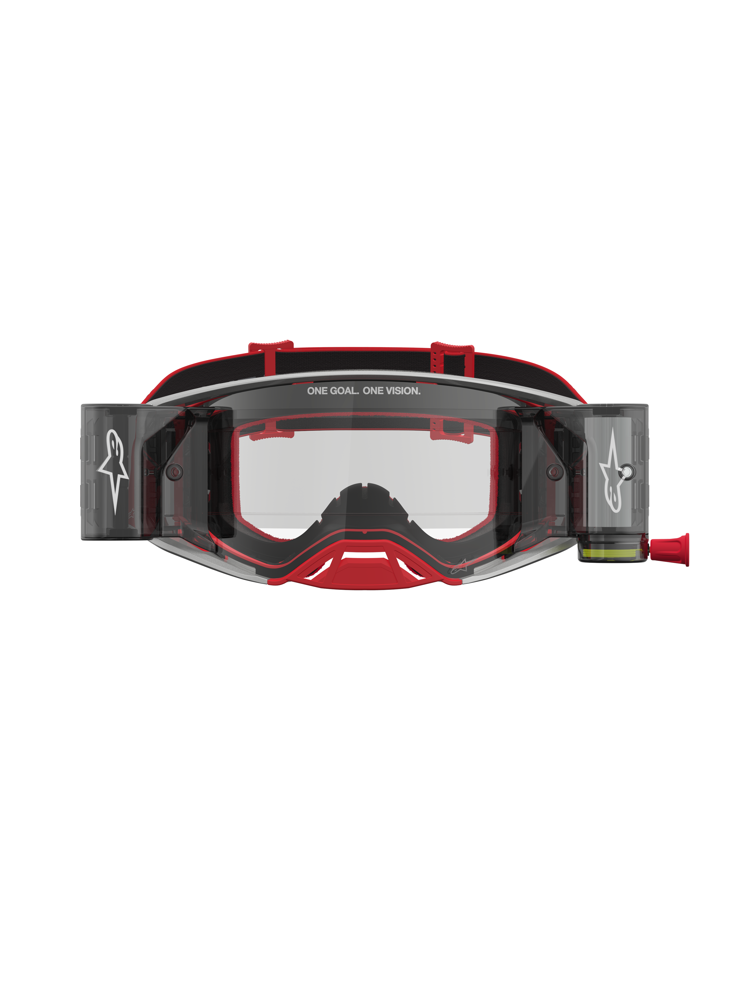 Alpinestars Maschere Supertech Firma Roll Off, maschere da motocross rosse e argento con lenti trasparenti e sistema roll-off.