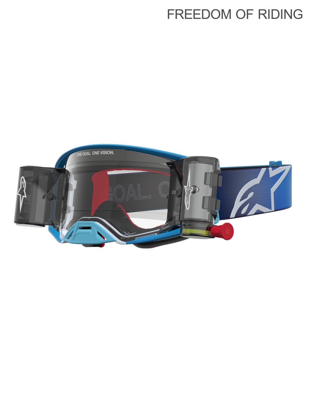 Alpinestars maschere Supertech Firma Roll Off, maschere da motocross e off-road racing unisex, blu e argento, con sistema roll-off integrato, lente in policarbonato e cinturino blu con logo bianco, progettate per prestazioni d'élite in Supercross e MX.