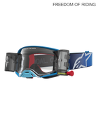 Alpinestars maschere Supertech Firma Roll Off, maschere da motocross e off-road racing unisex, blu e argento, con sistema roll-off integrato, lente in policarbonato e cinturino blu con logo bianco, progettate per prestazioni d'élite in Supercross e MX.