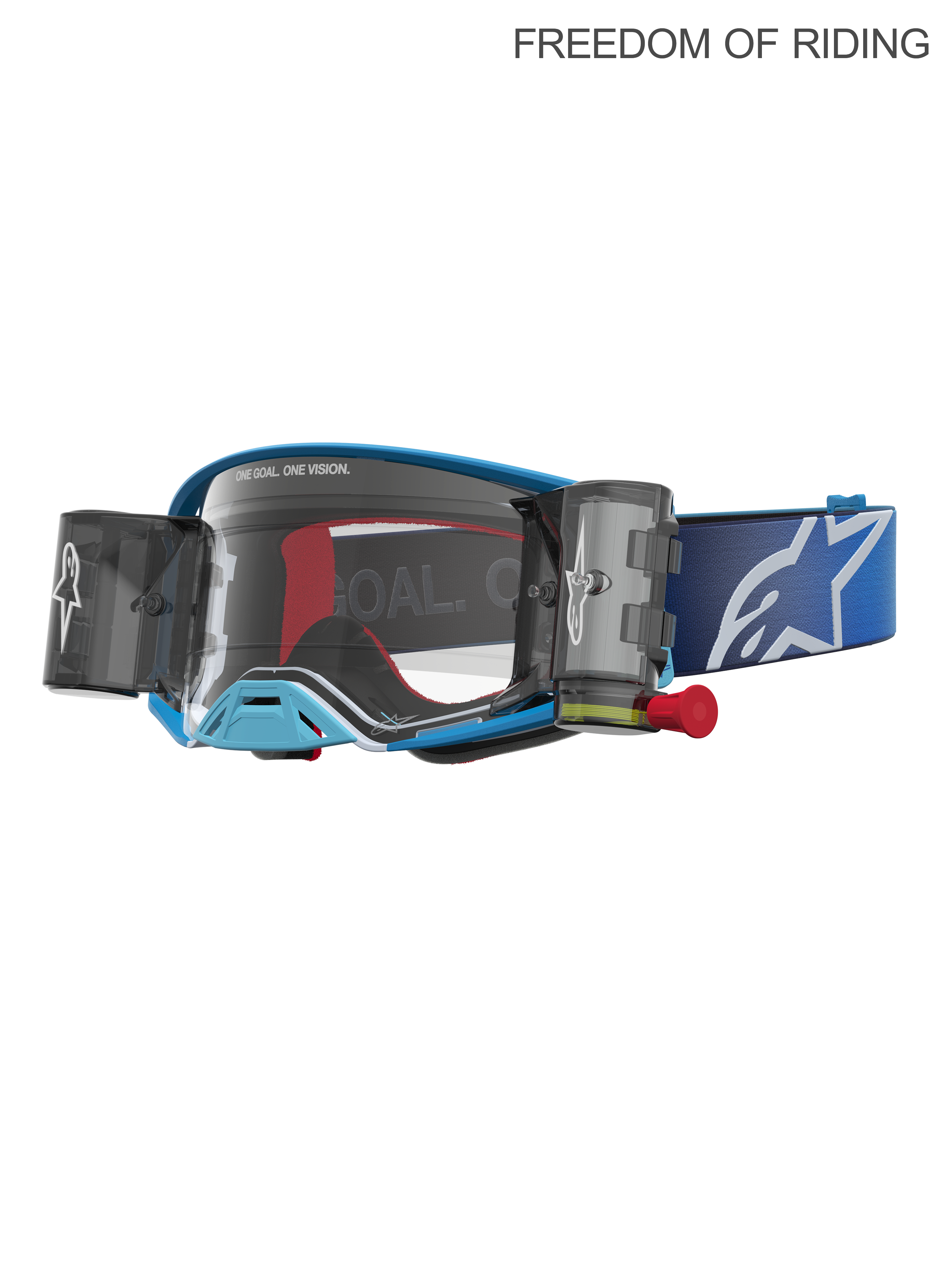 Alpinestars maschere Supertech Firma Roll Off, maschere da motocross e off-road racing unisex, blu e argento, con sistema roll-off integrato, lente in policarbonato e cinturino blu con logo bianco, progettate per prestazioni d'élite in Supercross e MX.