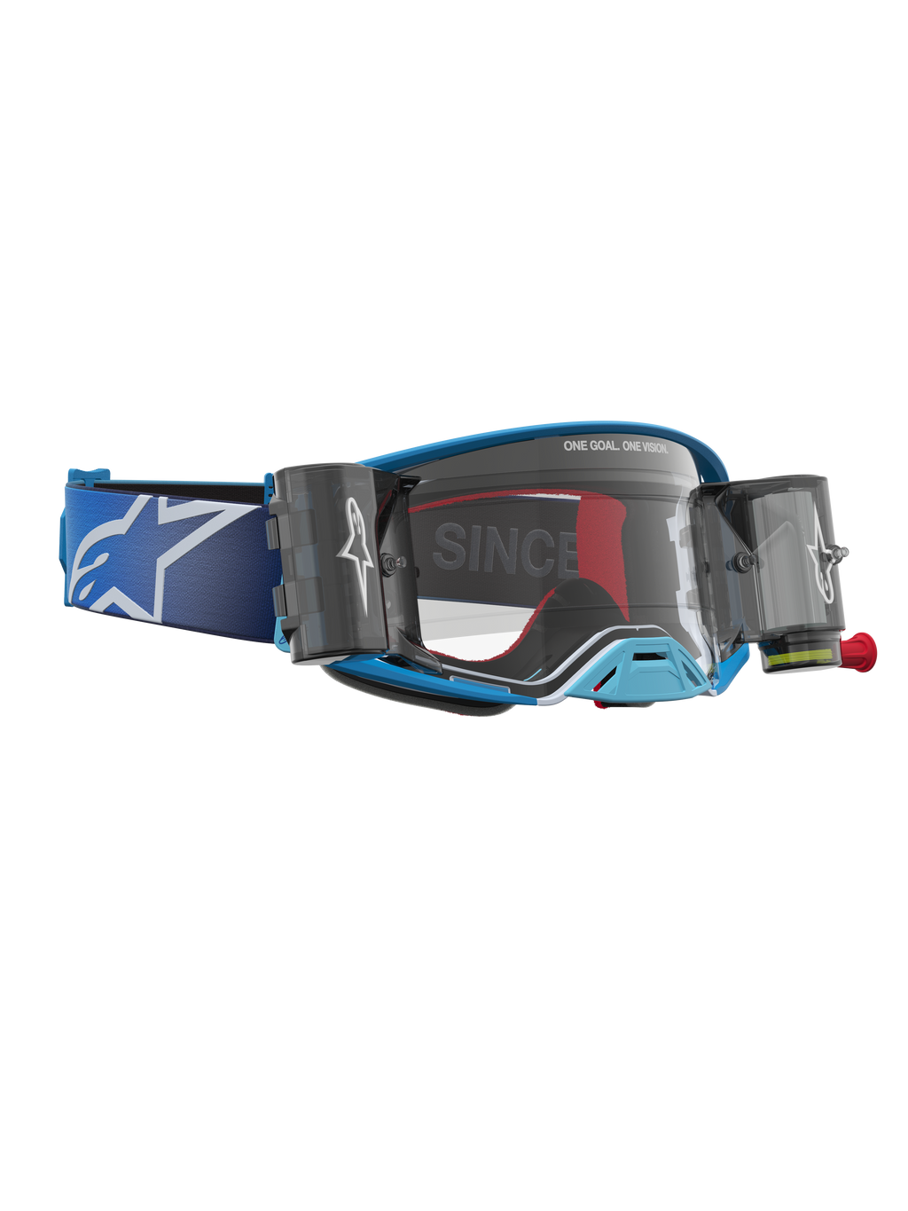 Alpinestars Supertech Firma Roll Off, maschere da motocross blu e argento con lente trasparente e sistema roll-off.