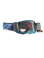 Alpinestars Supertech Firma Roll Off, maschere da motocross blu e argento con lente trasparente e sistema roll-off.