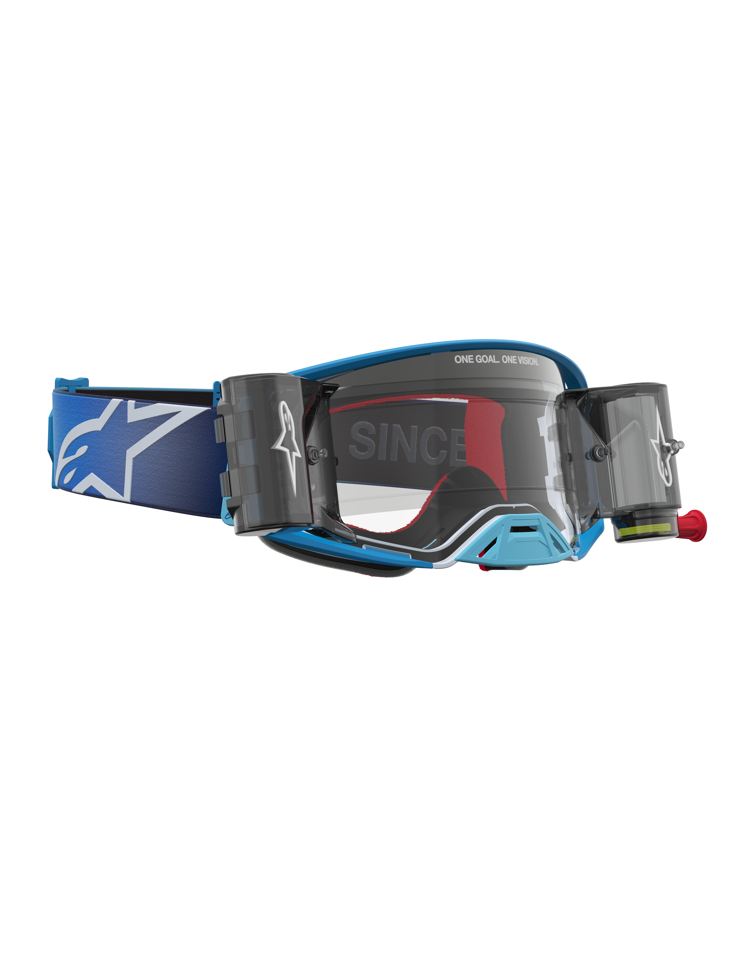 Alpinestars Supertech Firma Roll Off, maschere da motocross blu e argento con lente trasparente e sistema roll-off.