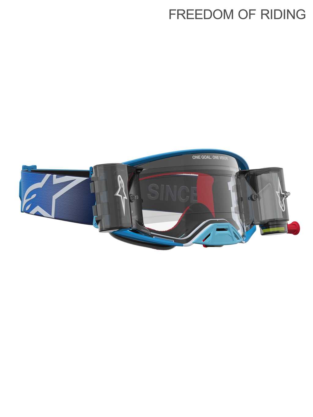 Alpinestars Maschere Supertech Firma Roll Off, maschere da motocross e racing off-road, blu e argento, lenti trasparenti, sistema roll-off integrato per fango e polvere, cinturino elastico con logo Alpinestars.