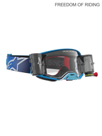 Alpinestars Maschere Supertech Firma Roll Off, maschere da motocross e racing off-road, blu e argento, lenti trasparenti, sistema roll-off integrato per fango e polvere, cinturino elastico con logo Alpinestars.