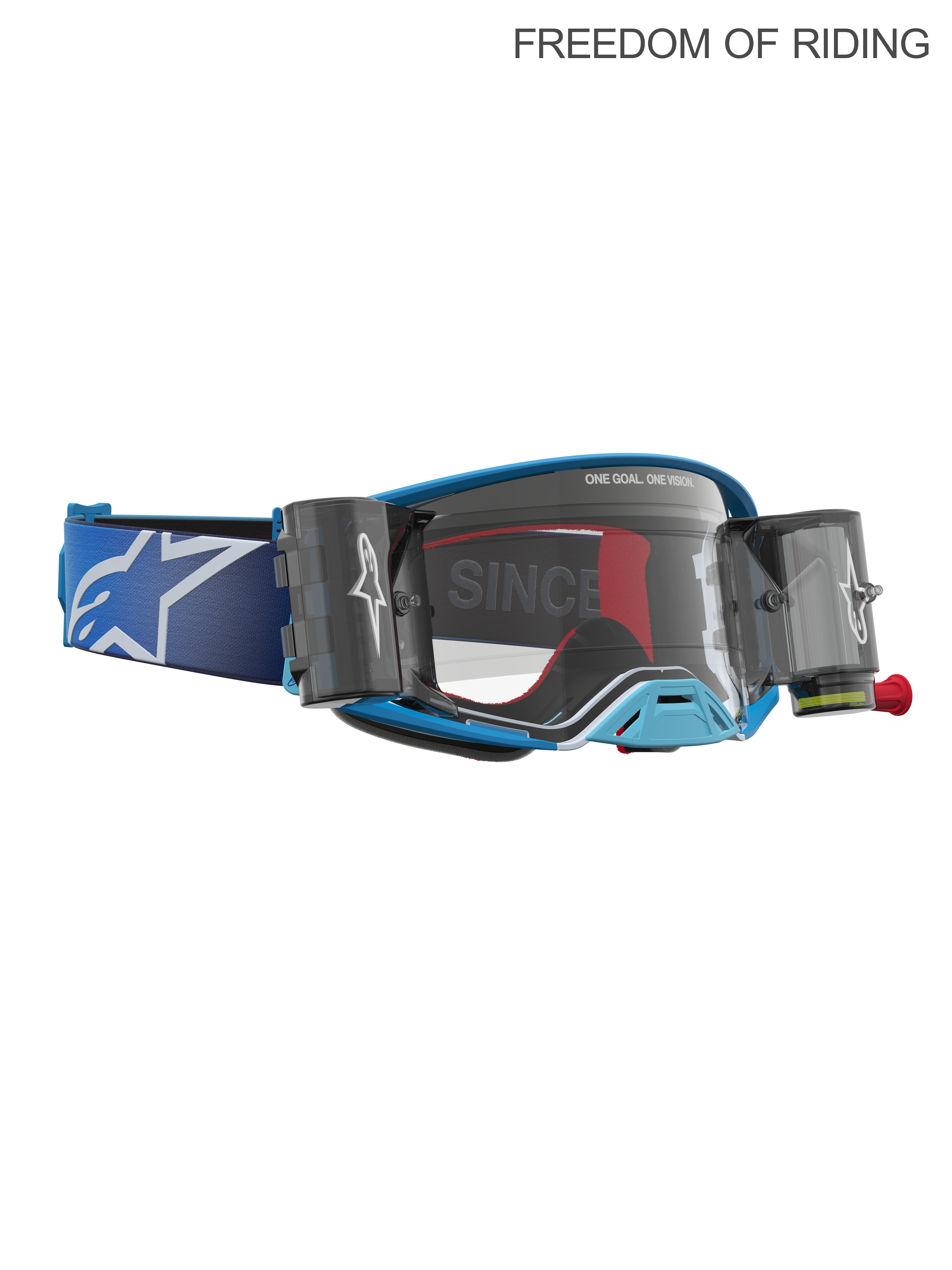 Alpinestars Maschere Supertech Firma Roll Off, maschere da motocross e racing off-road, blu e argento, lenti trasparenti, sistema roll-off integrato per fango e polvere, cinturino elastico con logo Alpinestars.