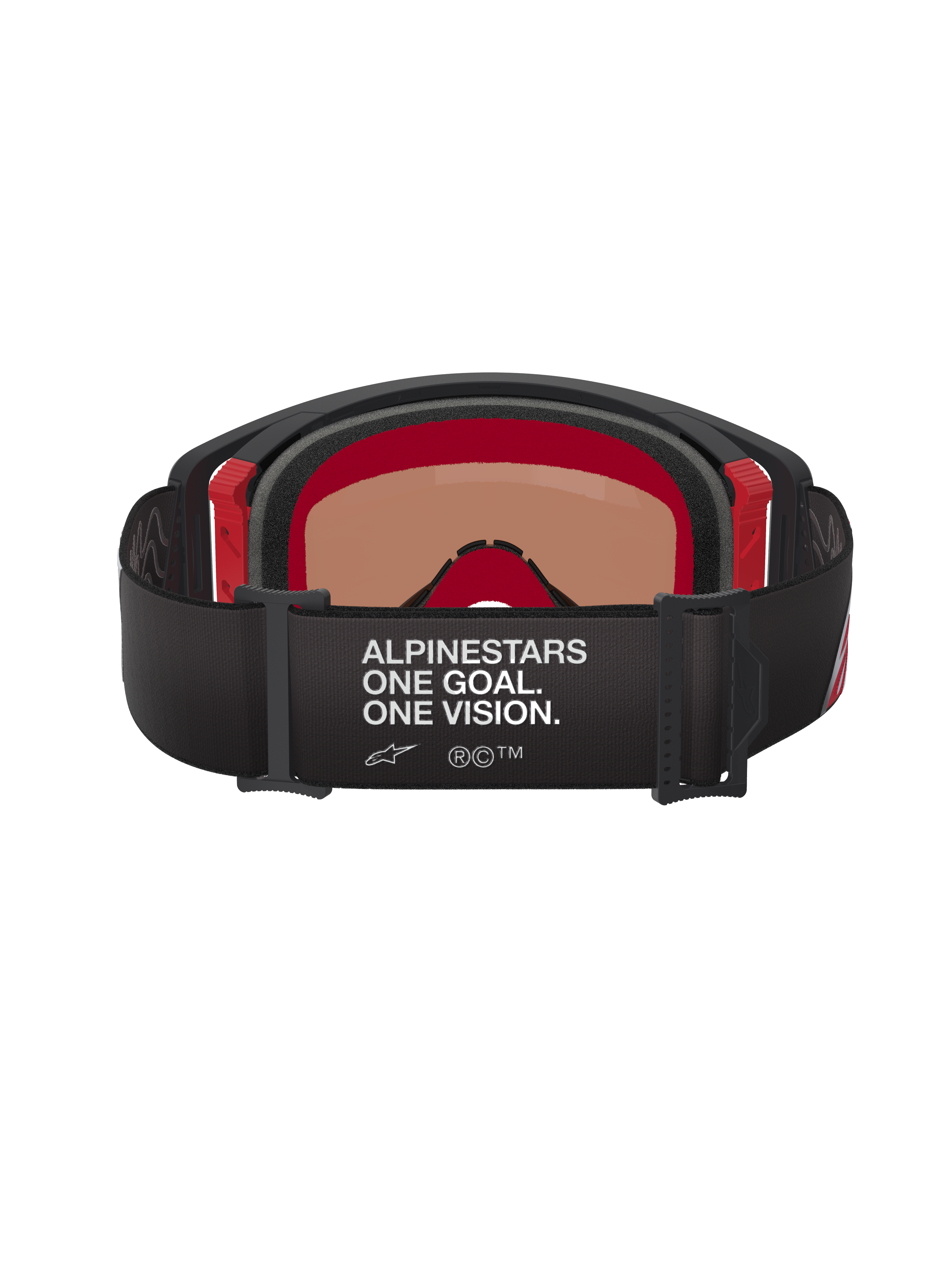 Alpinestars Supertech Corp Goggles Absolute Vision, vista posteriore, nero e rosso, con scritta bianca 'ALPINESTARS ONE GOAL. ONE VISION.' su ampia fascia nera, accenti rossi sulla montatura interna, maschera professionale da motocross
