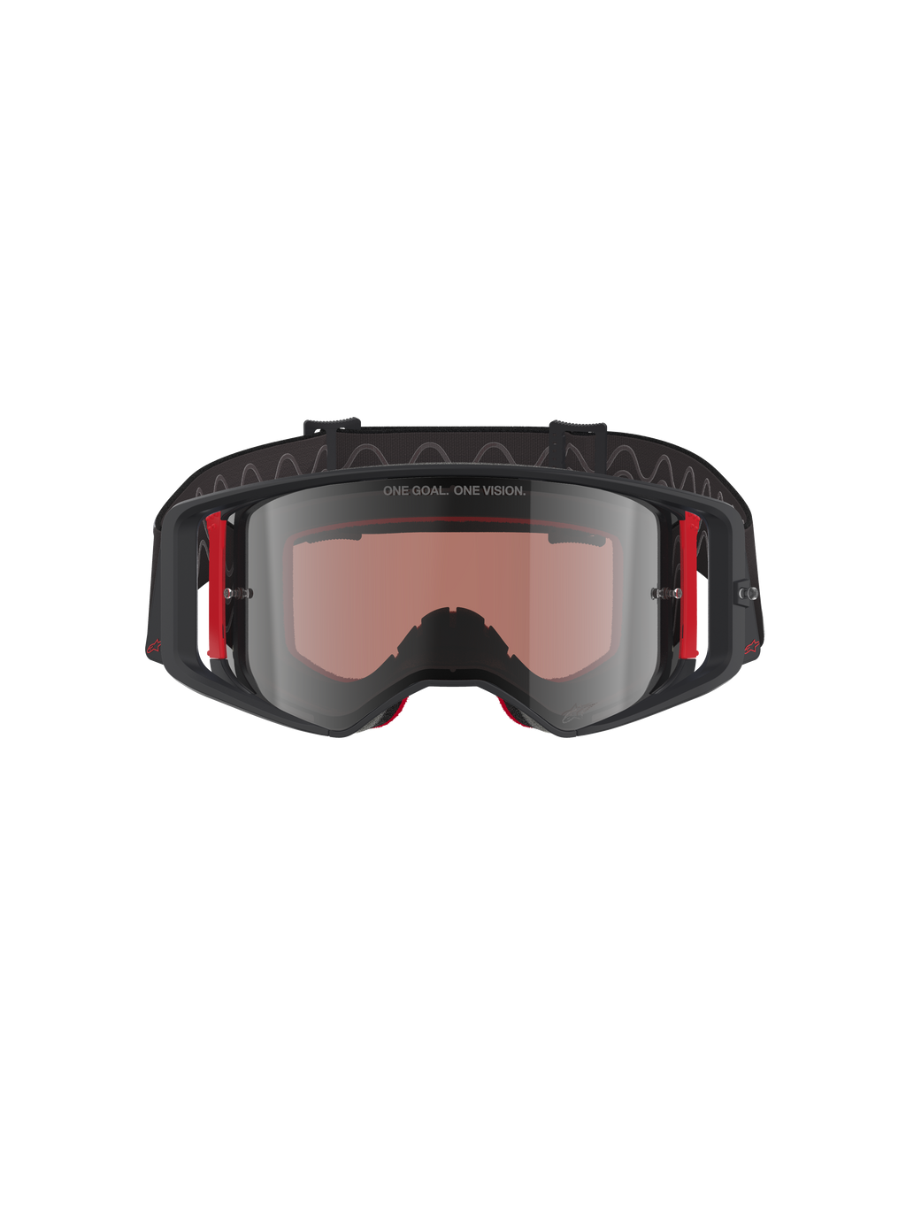 Maschera Alpinestars Supertech Corp Absolute Vision, maschera da motocross, montatura nera e rossa con lente Mirror Silver, caratterizzata dalla scritta 'ONE GOAL. ONE VISION.' sulla parte superiore e accenti laterali rossi, protezione oculare professionale per il motocross