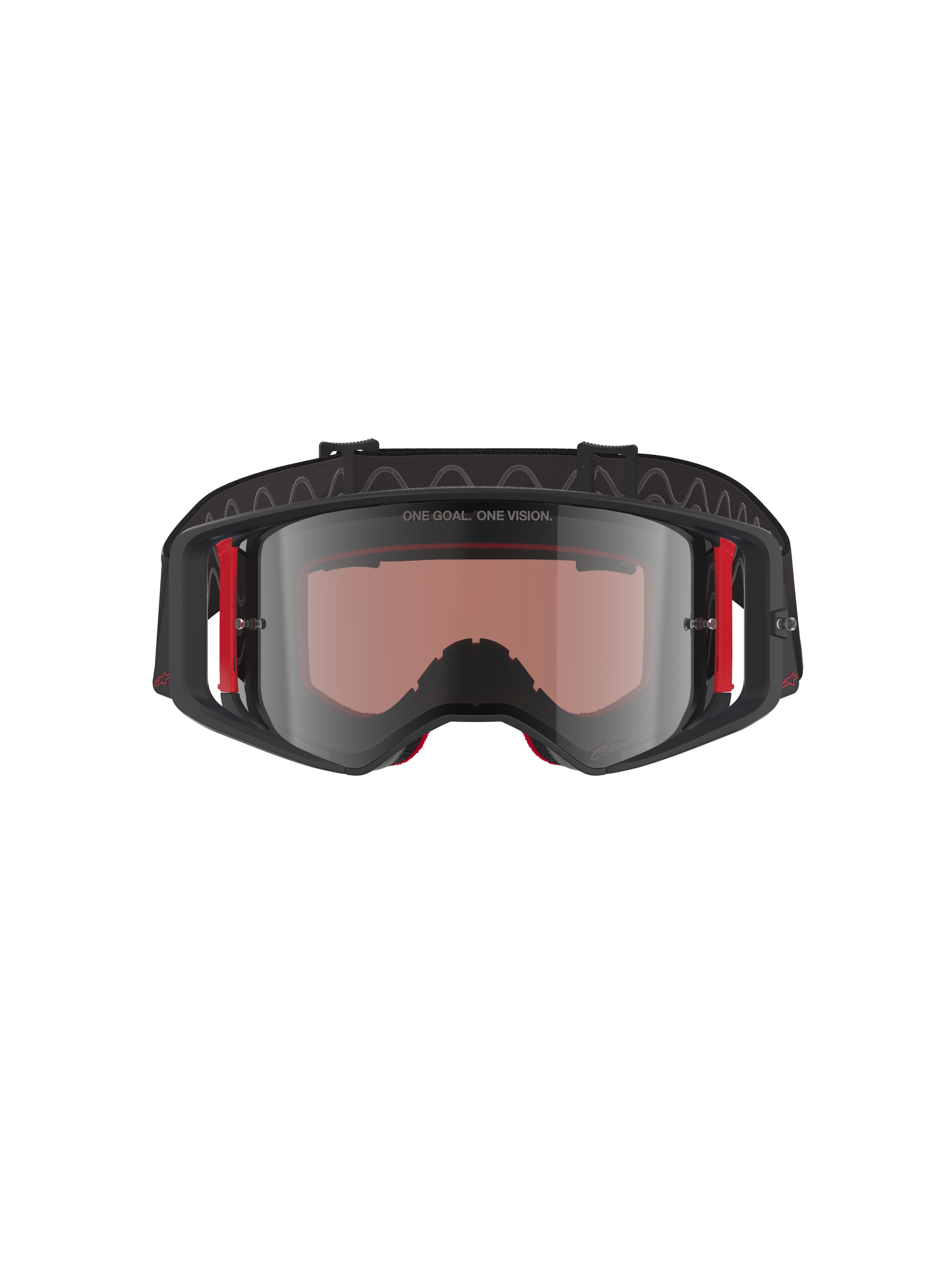 Maschera Alpinestars Supertech Corp Absolute Vision, maschera da motocross, montatura nera e rossa con lente Mirror Silver, caratterizzata dalla scritta 'ONE GOAL. ONE VISION.' sulla parte superiore e accenti laterali rossi, protezione oculare professionale per il motocross