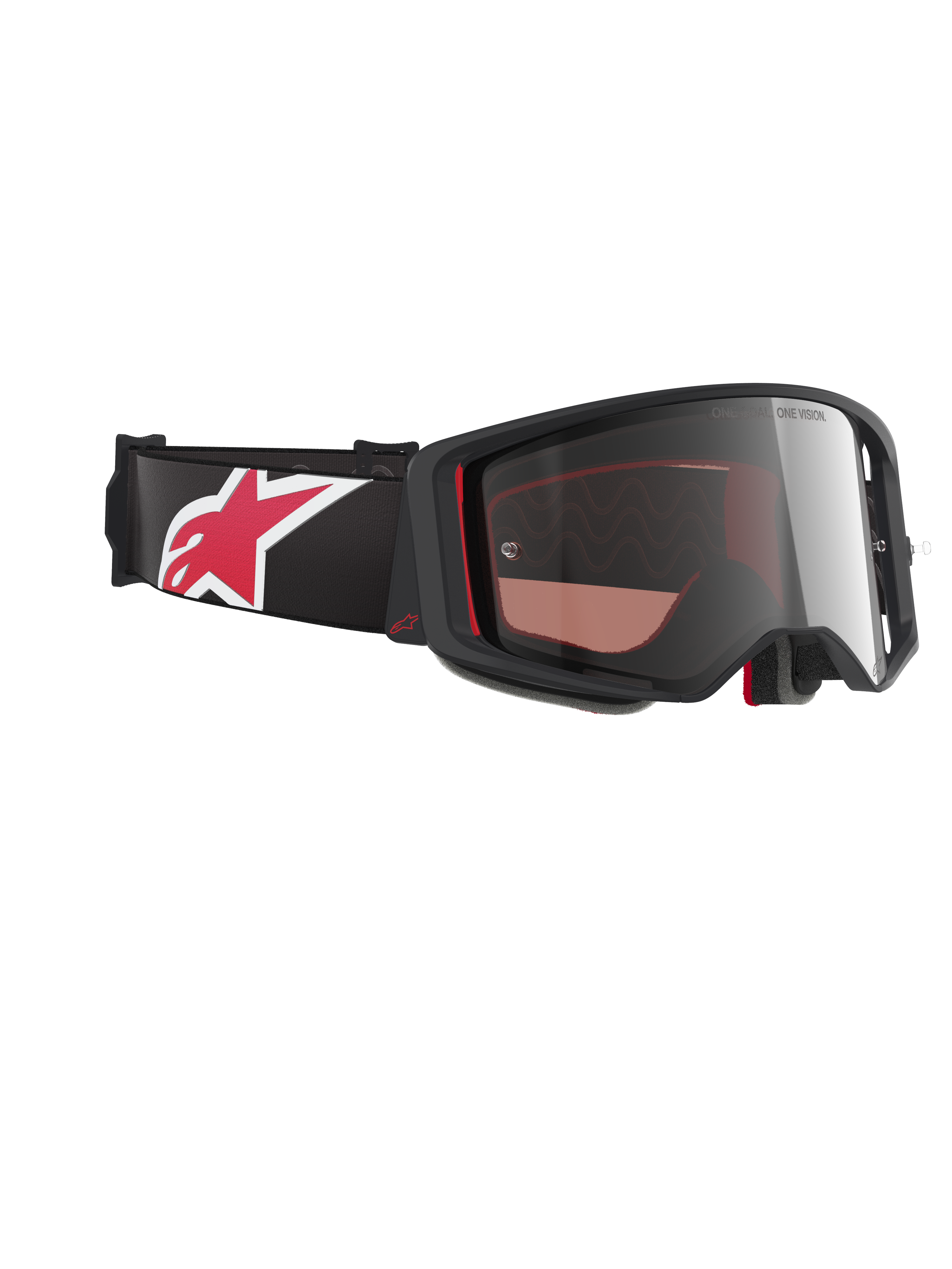 Alpinestars Supertech Corp Goggles Absolute Vision, occhiali da motocross, nero e rosso con lente Mirror Silver, profilo angolato che mostra la fascia nera con grande logo a stella rosso e bianco, design della montatura aerodinamico per prestazioni off-road