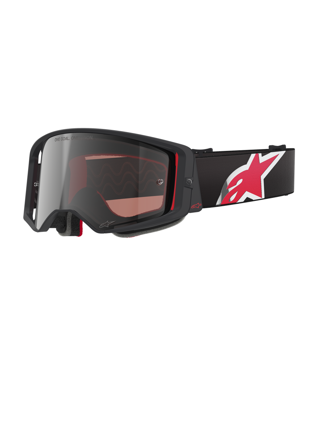 Alpinestars Supertech Corp Goggles Absolute Vision, occhiali da motocross, nero e rosso con lente argento a specchio, con scritte "ONE GOAL. ONE VISION.", cinturino nero con grande logo a stella rosso e bianco, design della montatura angolare con imbottitura in schiuma, protezione per gli occhi premium per fuoristrada