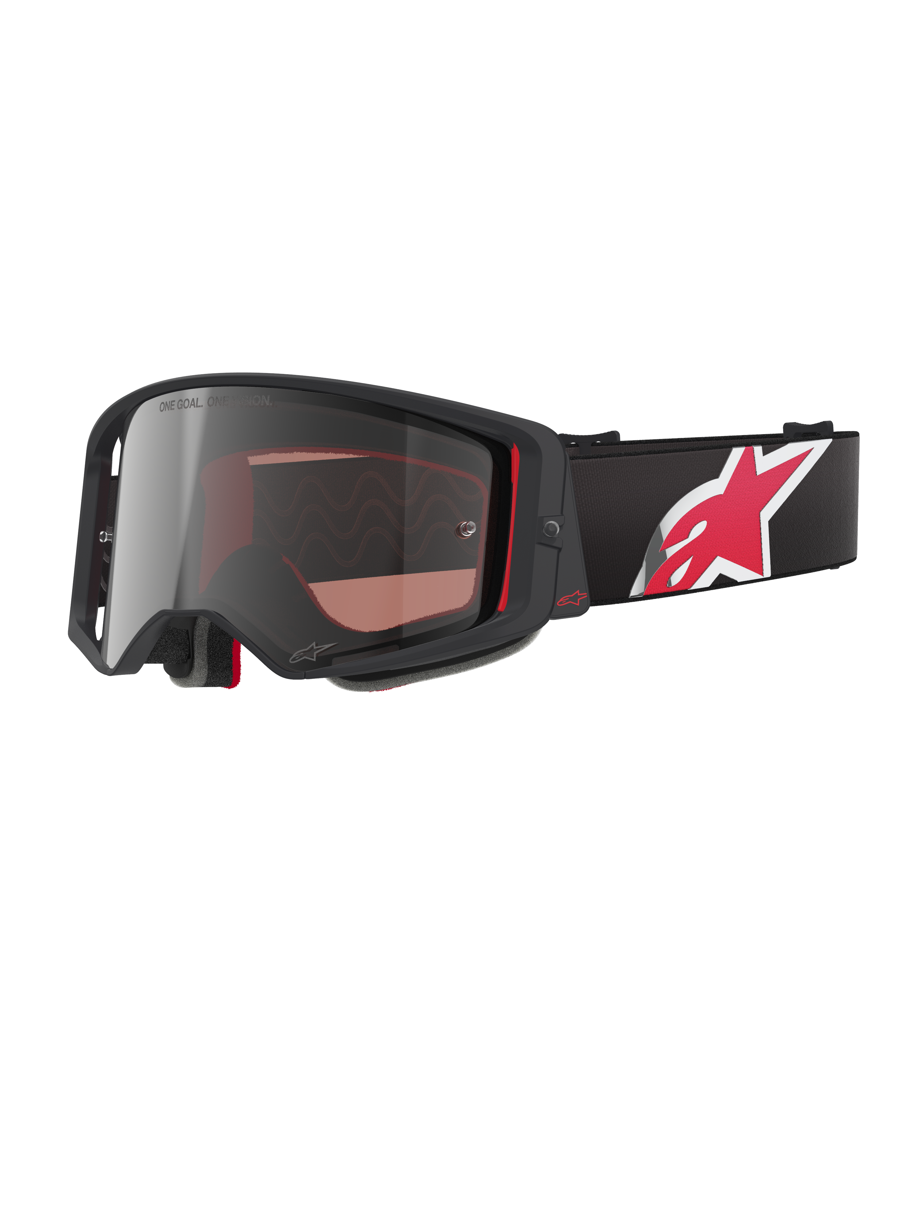 Alpinestars Supertech Corp Goggles Absolute Vision, occhiali da motocross, nero e rosso con lente argento a specchio, con scritte "ONE GOAL. ONE VISION.", cinturino nero con grande logo a stella rosso e bianco, design della montatura angolare con imbottitura in schiuma, protezione per gli occhi premium per fuoristrada