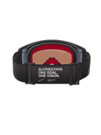 Alpinestars Supertech Corp Goggles Absolute Vision, occhiali da motocross, nero e grigio, vista posteriore con fascia nera regolabile e testo bianco 'ALPINESTARS ONE GOAL. ONE VISION.', lente a tinta calda e spugna facciale multistrato