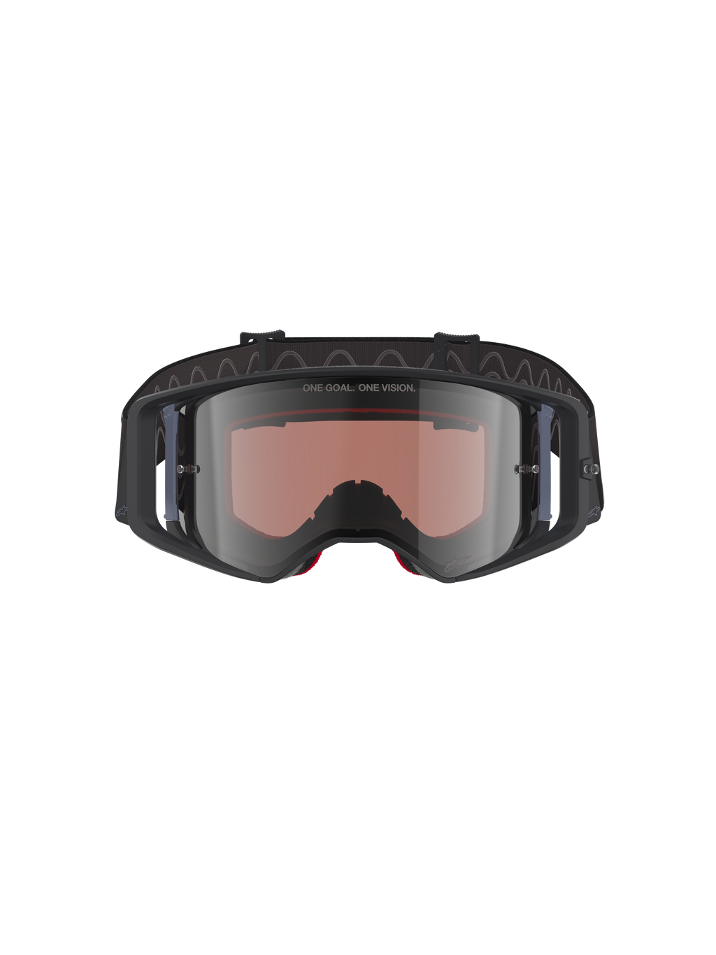Alpinestars Supertech Corp Goggles Absolute Vision, occhiali da motocross, nero grigio specchio argento, con scritta "ONE GOAL. ONE VISION." sulla lente, lente in policarbonato ad ampia visuale, protezione per gli occhi ad alte prestazioni per corse fuoristrada