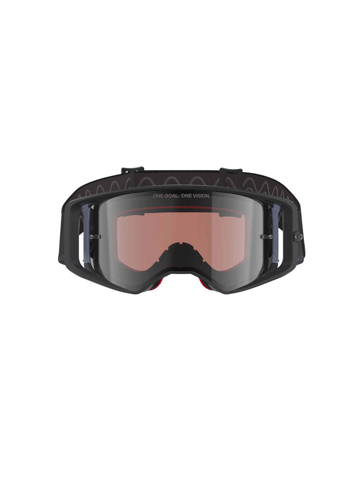 Alpinestars Supertech Corp Goggles Absolute Vision, occhiali da motocross, nero grigio specchio argento, con scritta "ONE GOAL. ONE VISION." sulla lente, lente in policarbonato ad ampia visuale, protezione per gli occhi ad alte prestazioni per corse fuoristrada