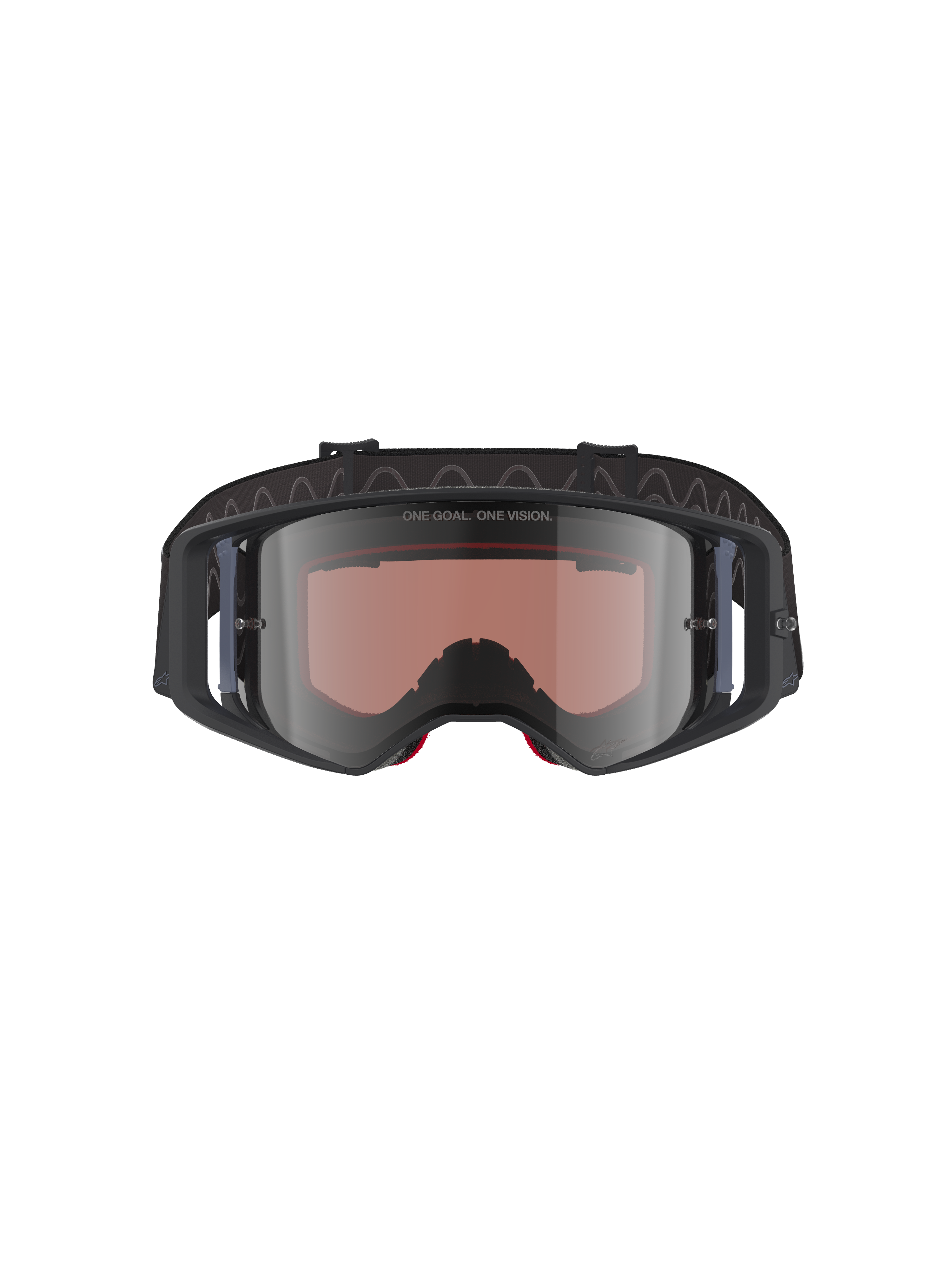 Alpinestars Supertech Corp Goggles Absolute Vision, occhiali da motocross, nero grigio specchio argento, con scritta "ONE GOAL. ONE VISION." sulla lente, lente in policarbonato ad ampia visuale, protezione per gli occhi ad alte prestazioni per corse fuoristrada