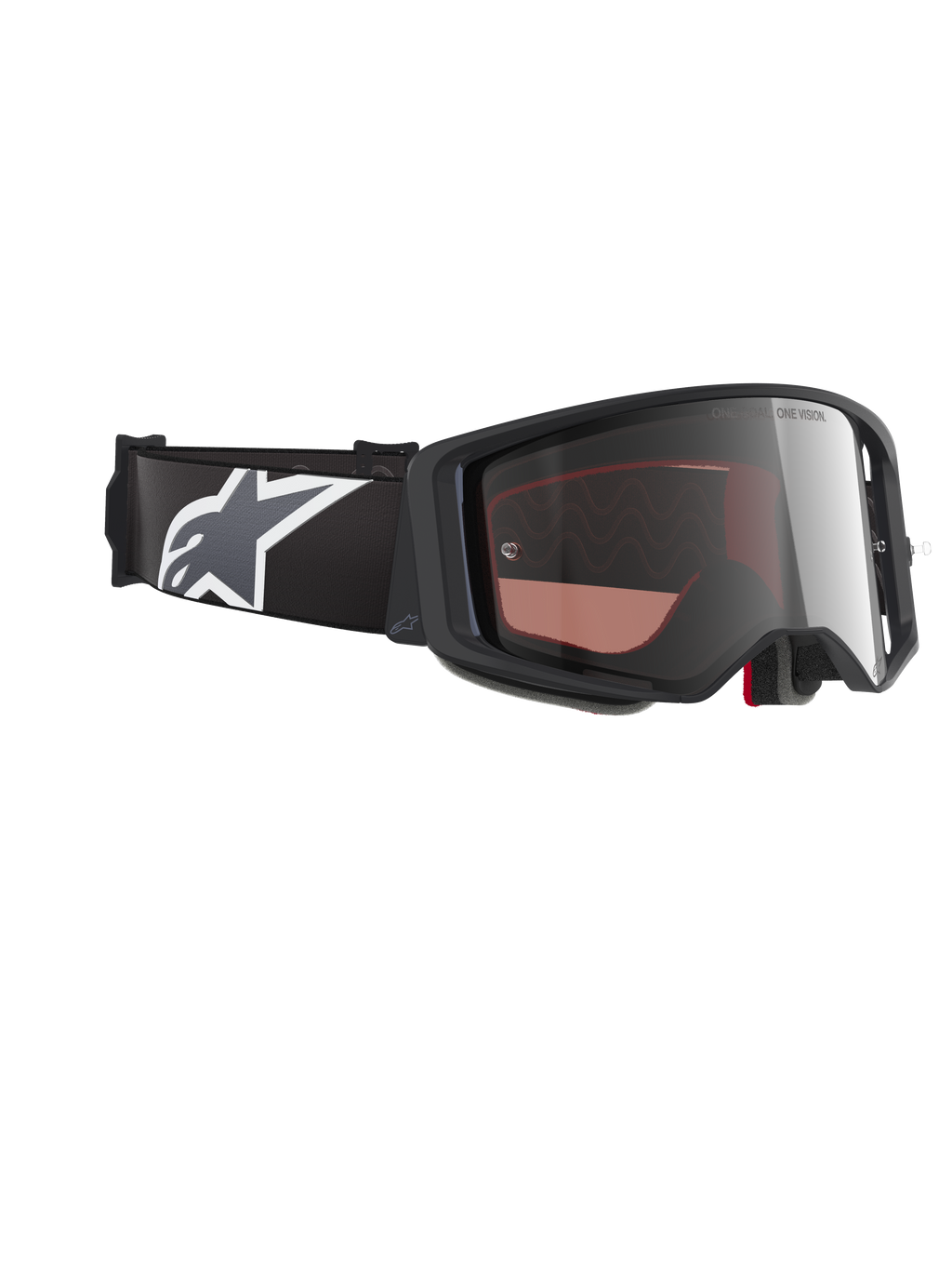 Alpinestars Supertech Corp Goggles Absolute Vision, maschere da motocross, montatura nera e grigia con lente Mirror Silver, ampio cinturino nero con logo Astars bianco e grigio, occhiali tecnici per corse fuoristrada