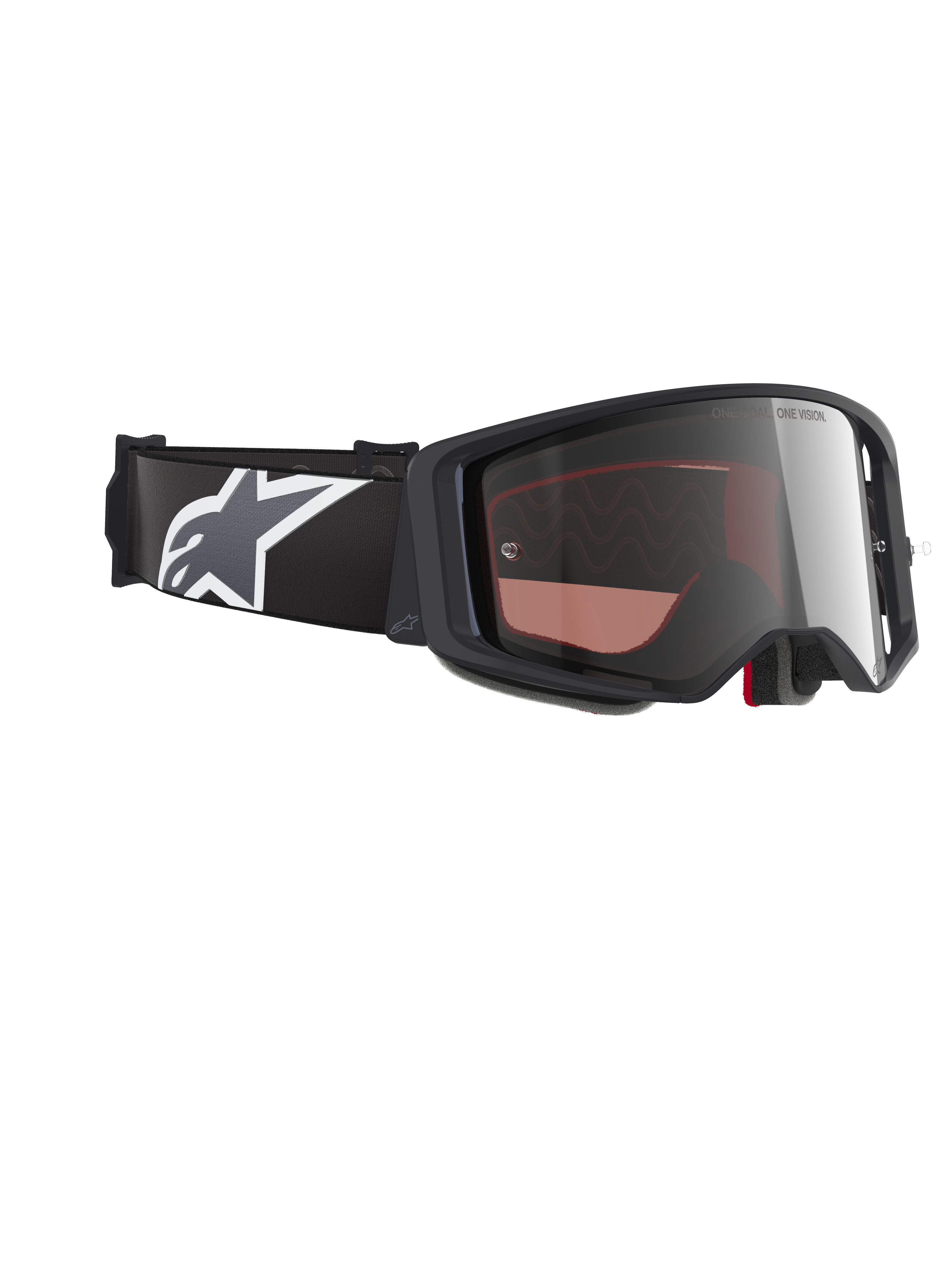 Alpinestars Supertech Corp Goggles Absolute Vision, maschere da motocross, montatura nera e grigia con lente Mirror Silver, ampio cinturino nero con logo Astars bianco e grigio, occhiali tecnici per corse fuoristrada