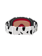 Vista posteriore della maschera Alpinestars Supertech Corp Absolute Vision, White Gold Mirror Gold, con fascia bianca a motivi astratti neri, fibbie di regolazione bianche e schiuma facciale multistrato per motocross e competizioni off-road.