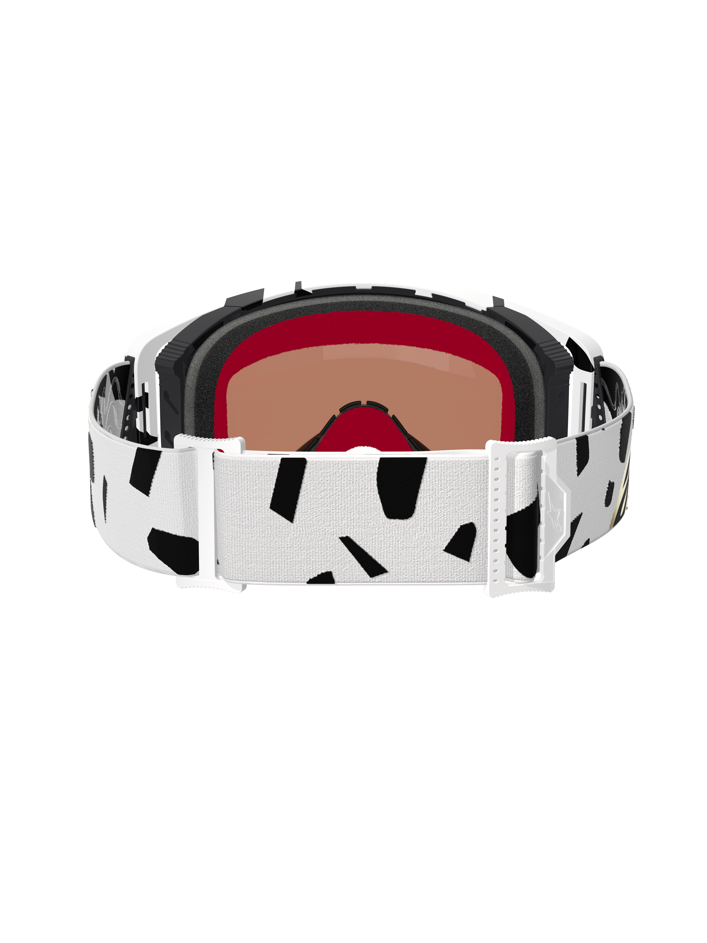 Vista posteriore della maschera Alpinestars Supertech Corp Absolute Vision, White Gold Mirror Gold, con fascia bianca a motivi astratti neri, fibbie di regolazione bianche e schiuma facciale multistrato per motocross e competizioni off-road.