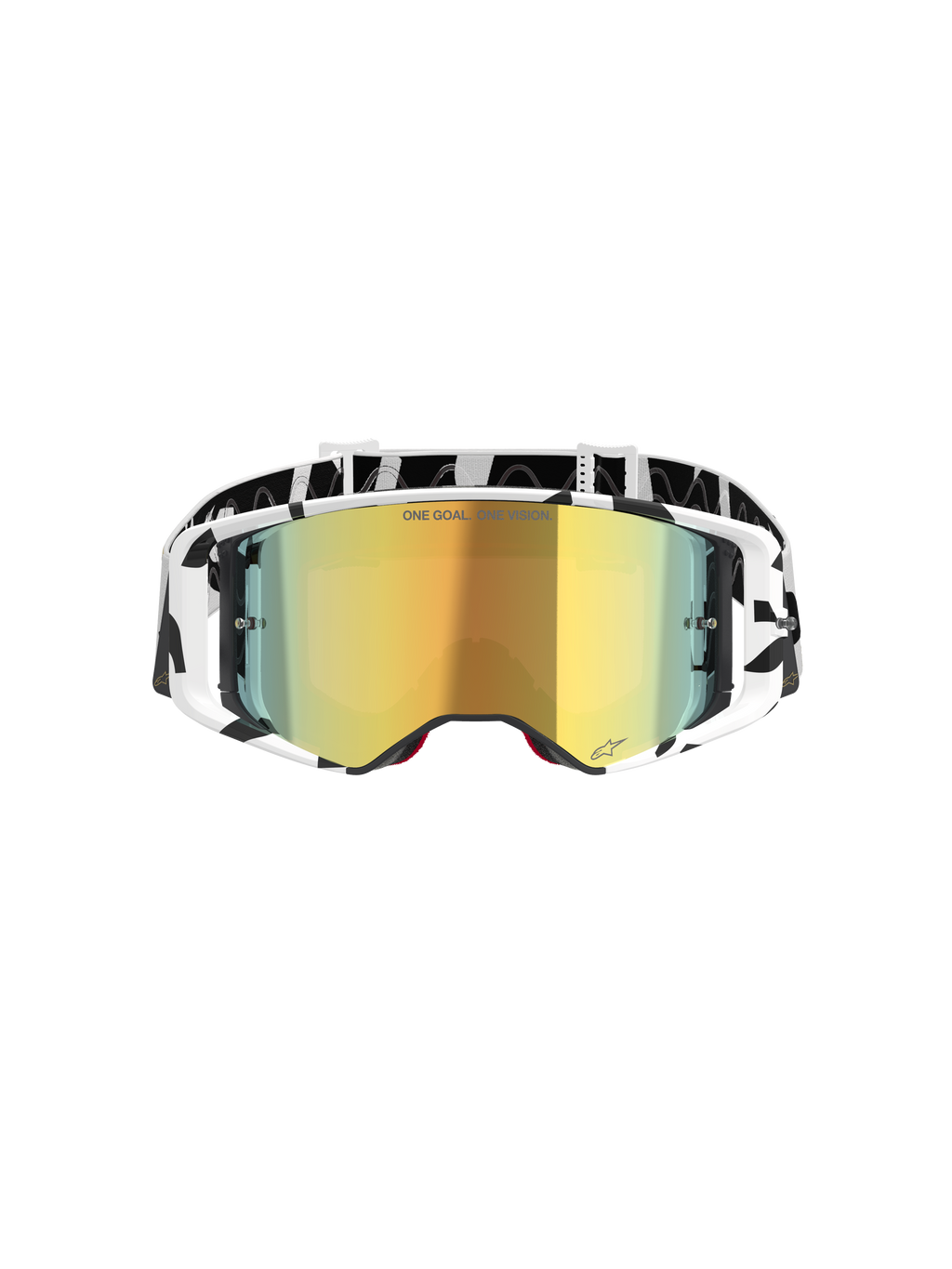 Alpinestars Supertech Corp Goggles Absolute Vision, occhiali da motocross, bianco e oro a specchio, con montatura e fascia con grafica bianca e nera, lente specchiata oro con scritta 'ONE GOAL. ONE VISION.', occhiali per fuoristrada ad alte prestazioni
