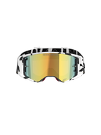Alpinestars Supertech Corp Goggles Absolute Vision, occhiali da motocross, bianco e oro a specchio, con montatura e fascia con grafica bianca e nera, lente specchiata oro con scritta 'ONE GOAL. ONE VISION.', occhiali per fuoristrada ad alte prestazioni