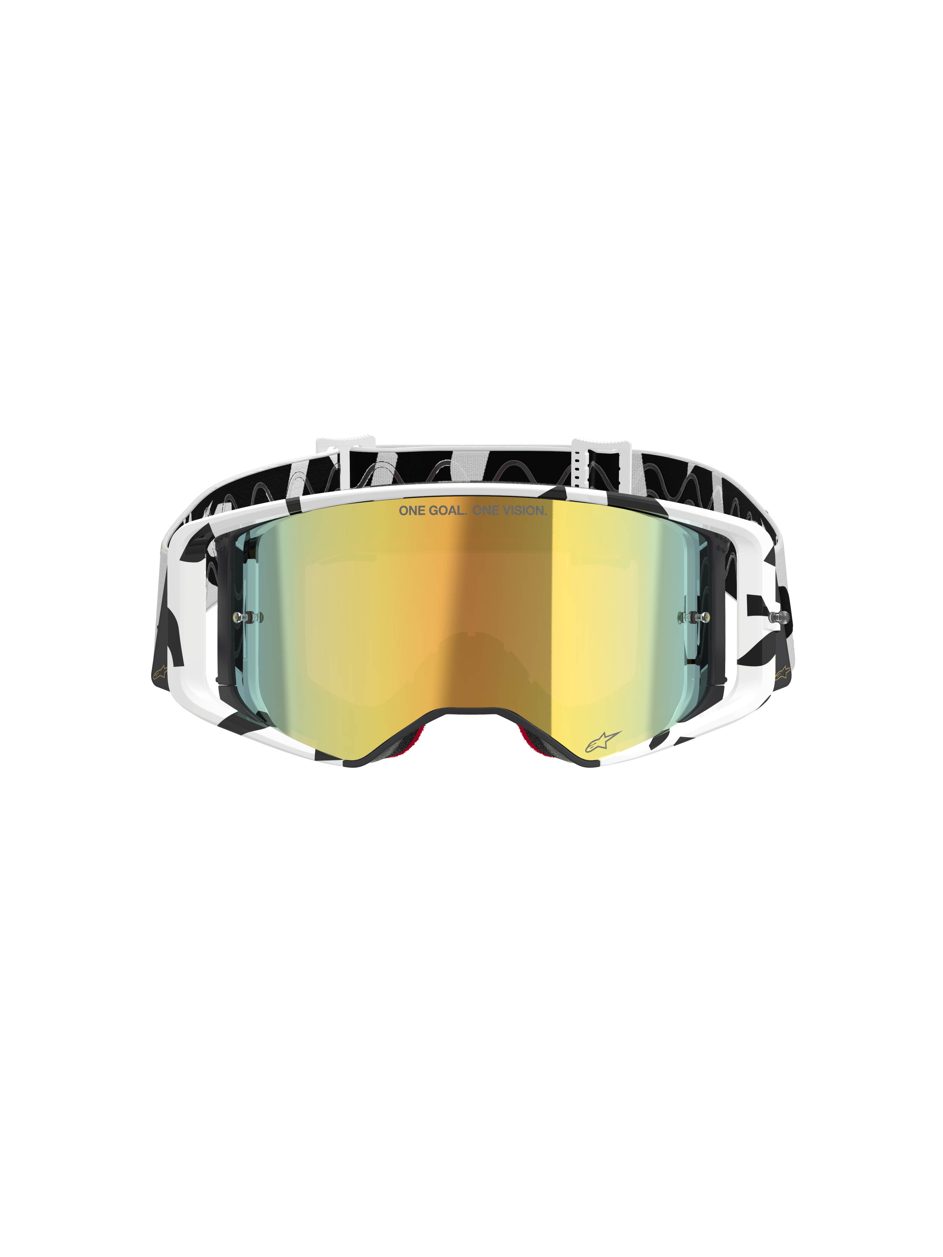 Alpinestars Supertech Corp Goggles Absolute Vision, occhiali da motocross, bianco e oro a specchio, con montatura e fascia con grafica bianca e nera, lente specchiata oro con scritta 'ONE GOAL. ONE VISION.', occhiali per fuoristrada ad alte prestazioni