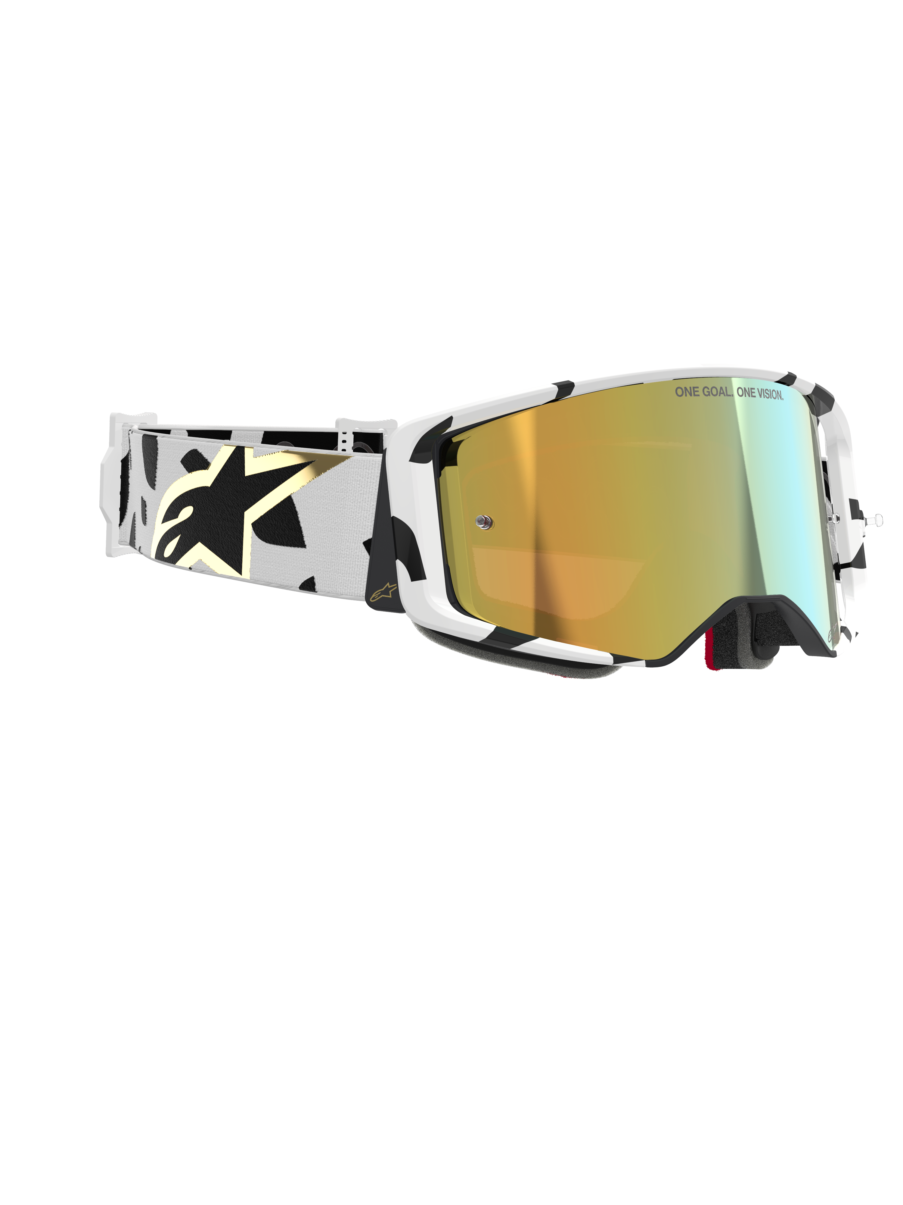Alpinestars Supertech Corp Goggles Absolute Vision, maschera da motocross, montatura bianca con motivi grafici neri, lente Gold Mirror, fascia bianca e nera con logo Alpinestars oro, protezione oculare ad alte prestazioni per competizioni.