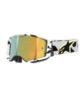 Alpinestars Supertech Corp Goggles Absolute Vision, occhiali da motocross, montatura con motivo bianco e nero e lente a specchio dorata, ampio cinturino con design astratto nero e logo Alpinestars dorato, marchio "ONE GOAL. ONE VISION." sulla lente, equipaggiamento da gara ad alte prestazioni