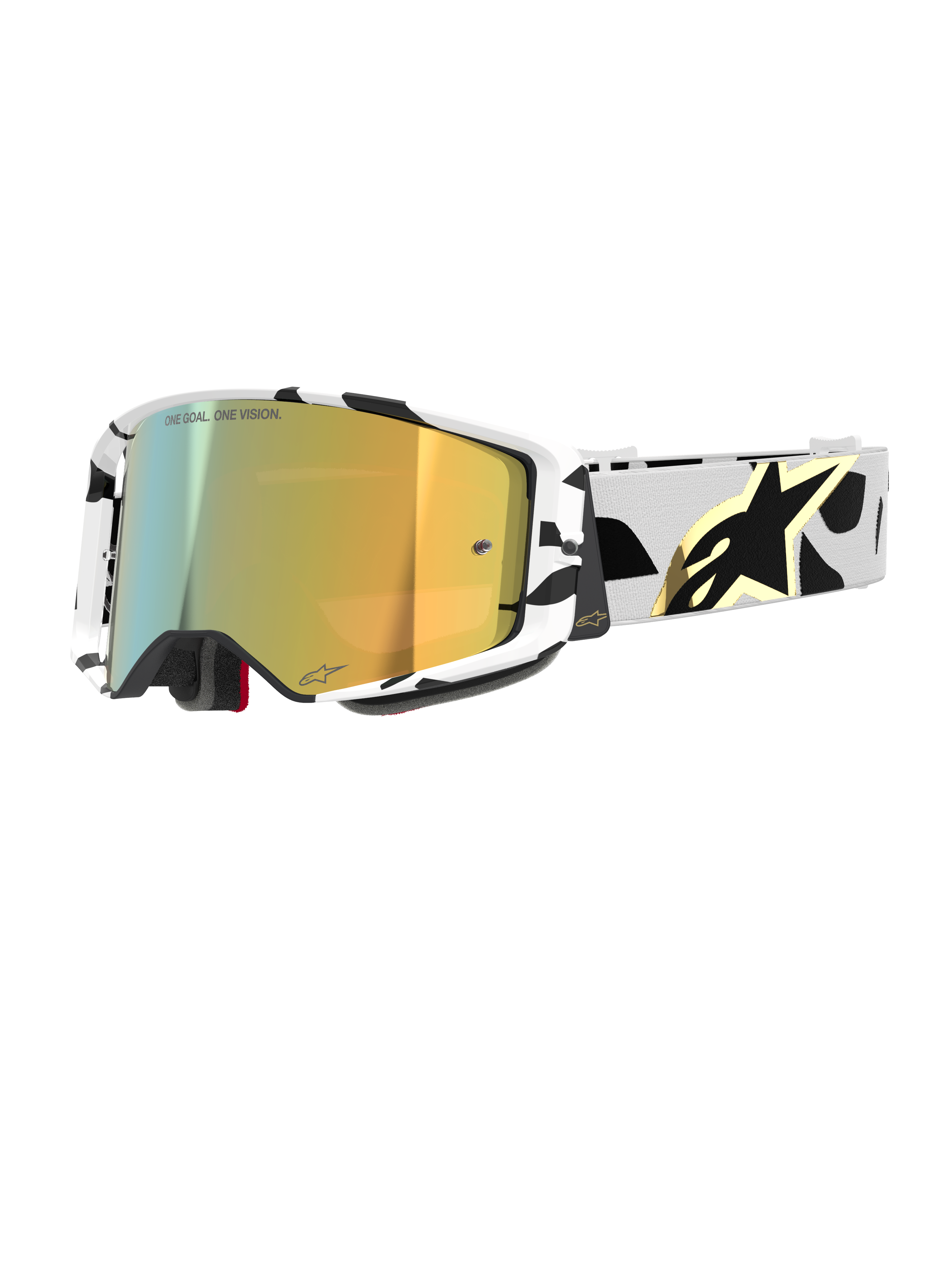 Alpinestars Supertech Corp Goggles Absolute Vision, occhiali da motocross, montatura con motivo bianco e nero e lente a specchio dorata, ampio cinturino con design astratto nero e logo Alpinestars dorato, marchio "ONE GOAL. ONE VISION." sulla lente, equipaggiamento da gara ad alte prestazioni