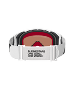 Alpinestars Supertech Corp Goggles Absolute Vision, occhiali da motocross, bianco e argento specchiato, vista posteriore con cinturino bianco e testo 'ALPINESTARS ONE GOAL. ONE VISION.', schiuma facciale multistrato e design della montatura bianco elegante