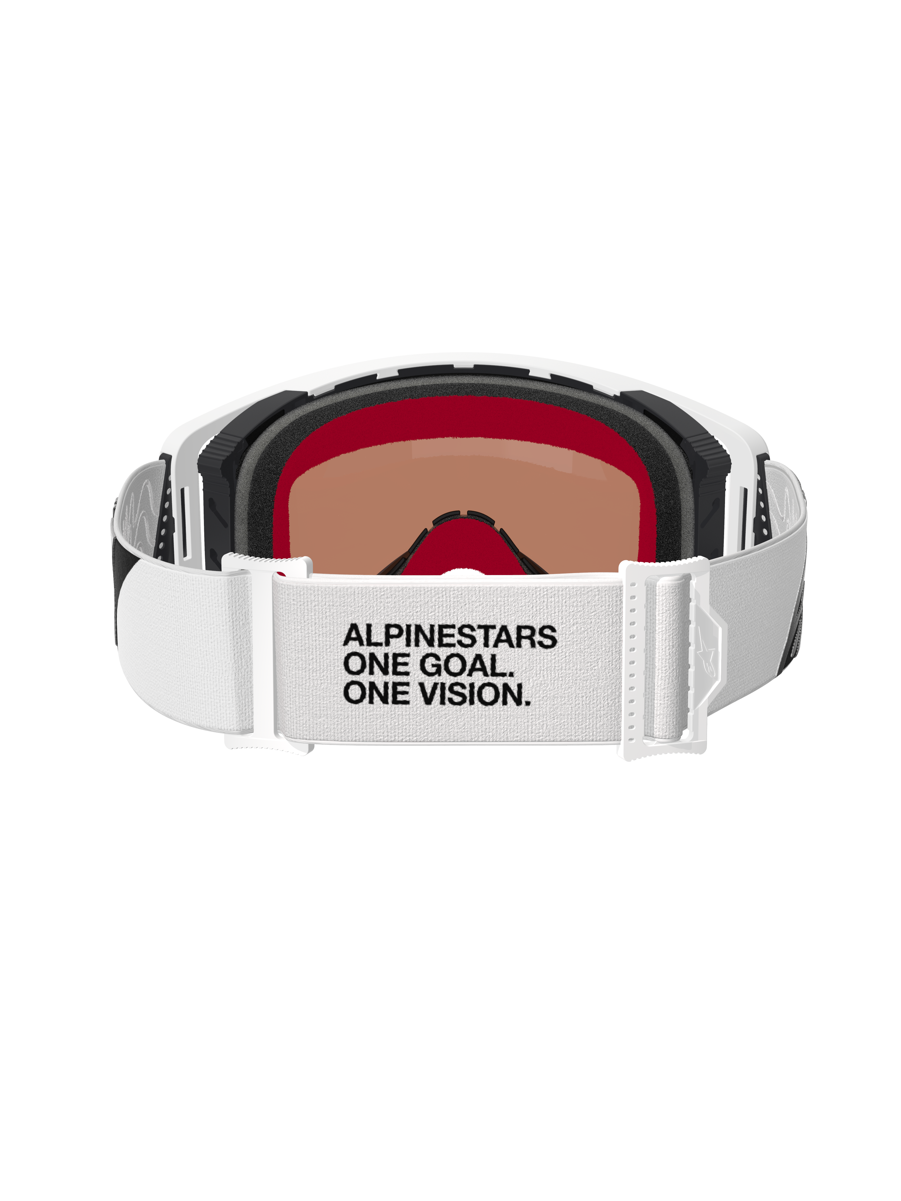 Alpinestars Supertech Corp Goggles Absolute Vision, occhiali da motocross, bianco e argento specchiato, vista posteriore con cinturino bianco e testo 'ALPINESTARS ONE GOAL. ONE VISION.', schiuma facciale multistrato e design della montatura bianco elegante