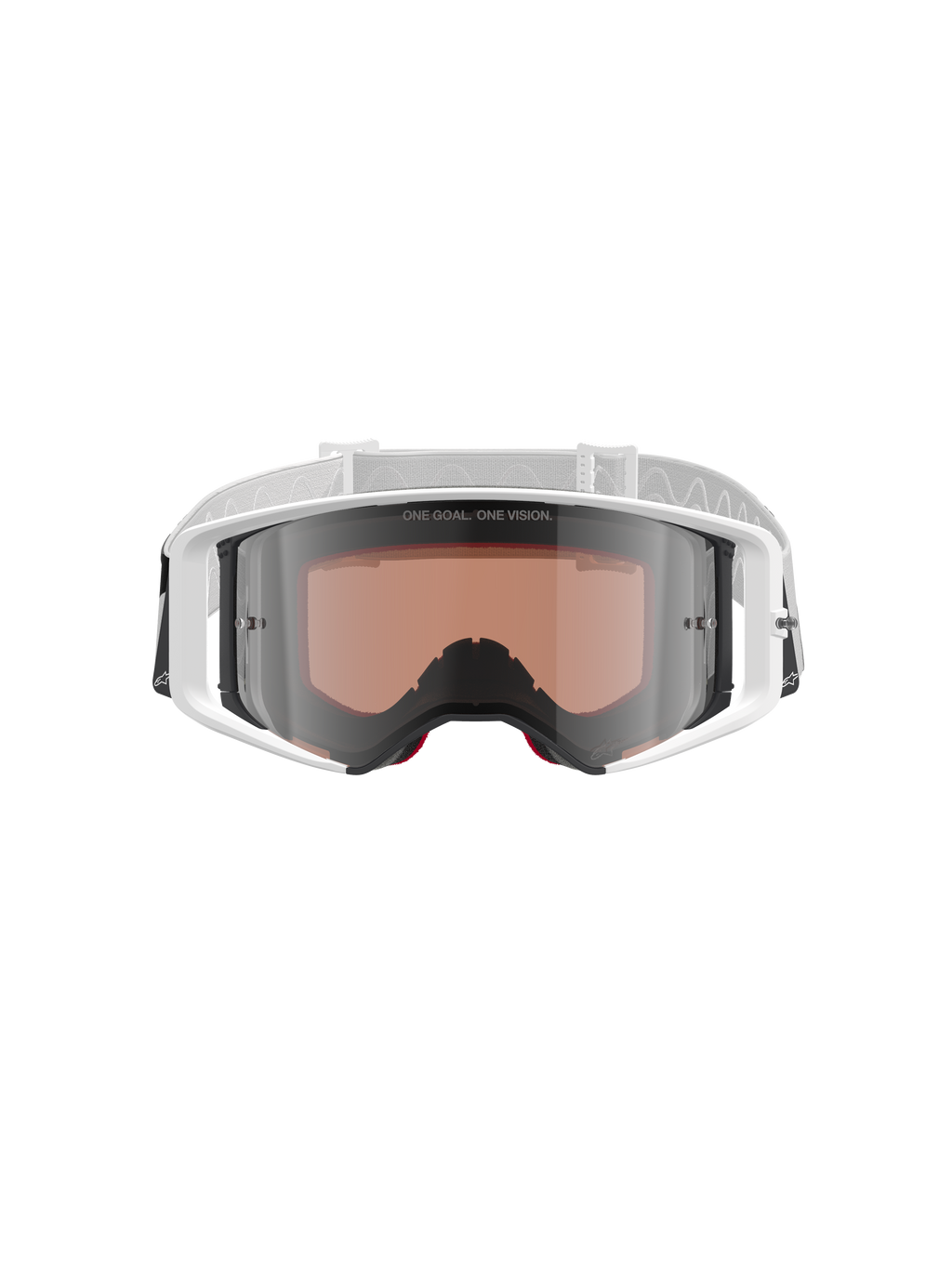 Alpinestars Supertech Corp Goggles Absolute Vision, occhiali da motocross, bianco e argento specchiato, vista frontale con montatura bianca e lente argento specchiata con scritta "ONE GOAL. ONE VISION.", fascia bianca regolabile con logo Alpinestars, occhiali protettivi ad alte prestazioni per corse fuoristrada