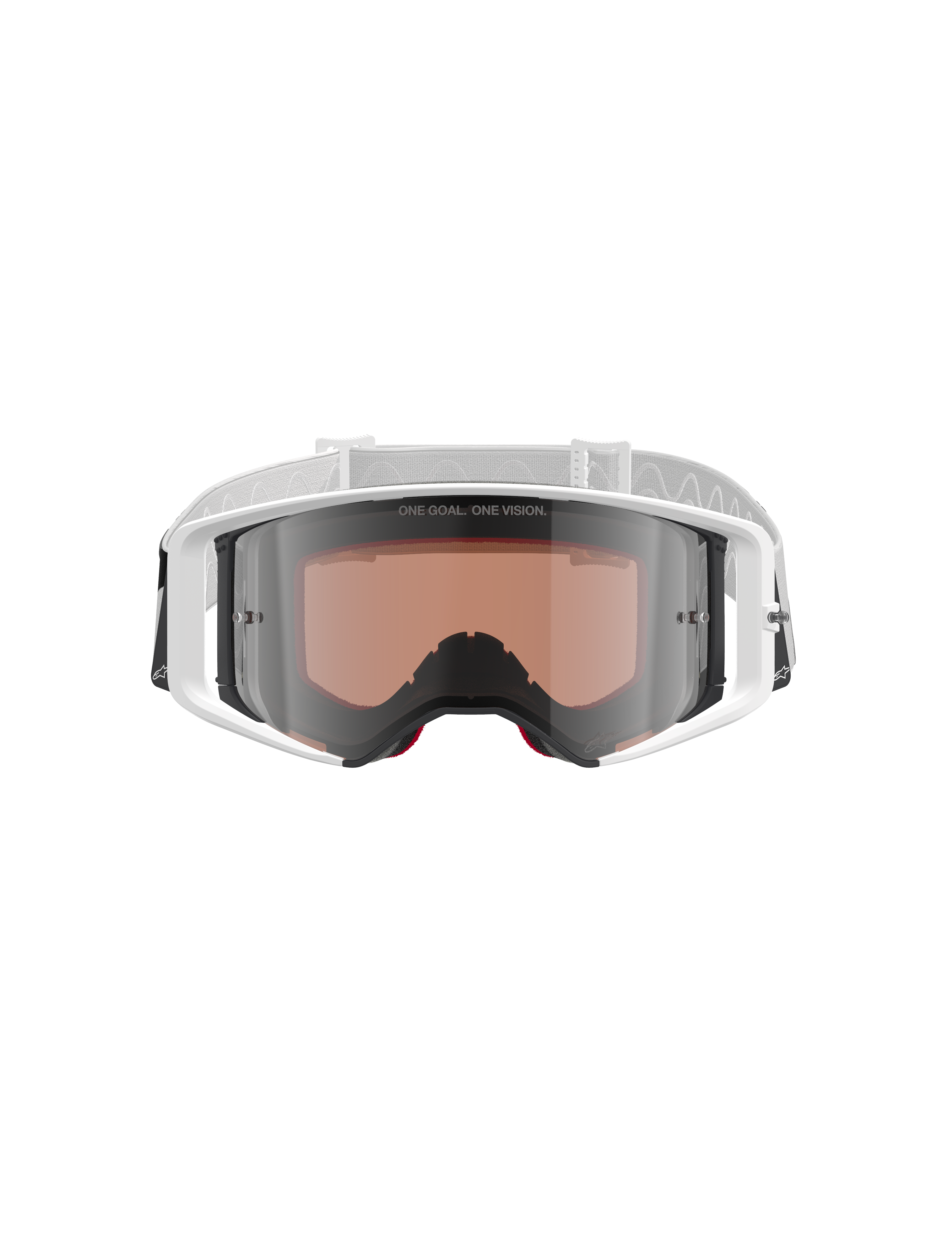 Alpinestars Supertech Corp Goggles Absolute Vision, occhiali da motocross, bianco e argento specchiato, vista frontale con montatura bianca e lente argento specchiata con scritta "ONE GOAL. ONE VISION.", fascia bianca regolabile con logo Alpinestars, occhiali protettivi ad alte prestazioni per corse fuoristrada