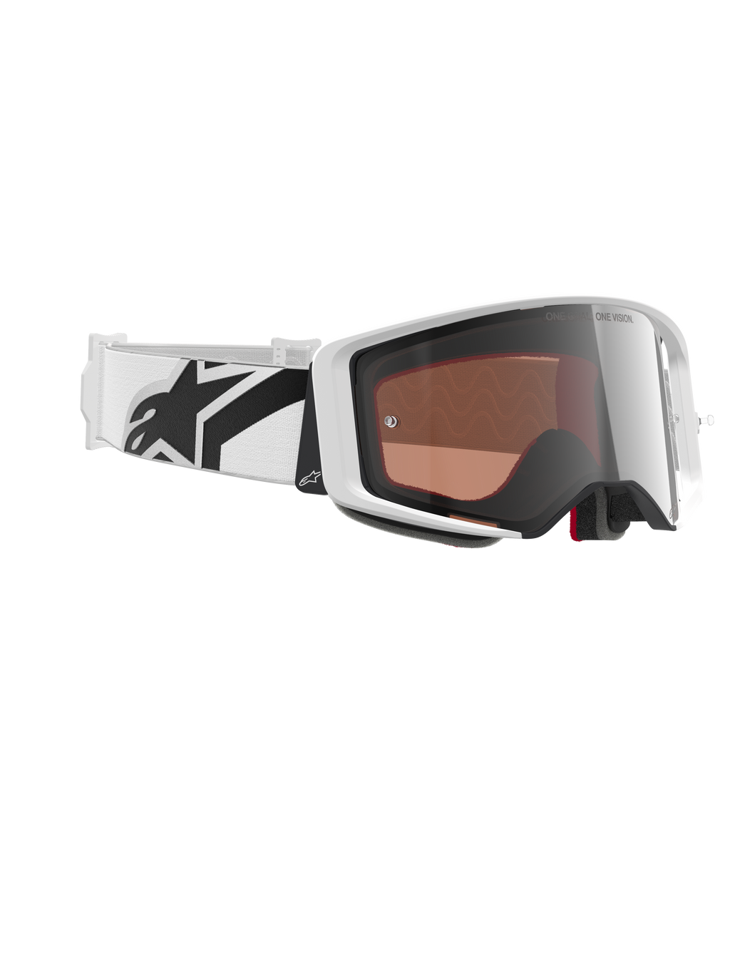 Alpinestars Supertech Corp Goggles Absolute Vision, maschera da motocross, bianco e argento a specchio, montatura bianca con lente argento riflettente, ampia fascia bianca regolabile con logo a stella nero, occhiali professionali per corse fuoristrada
