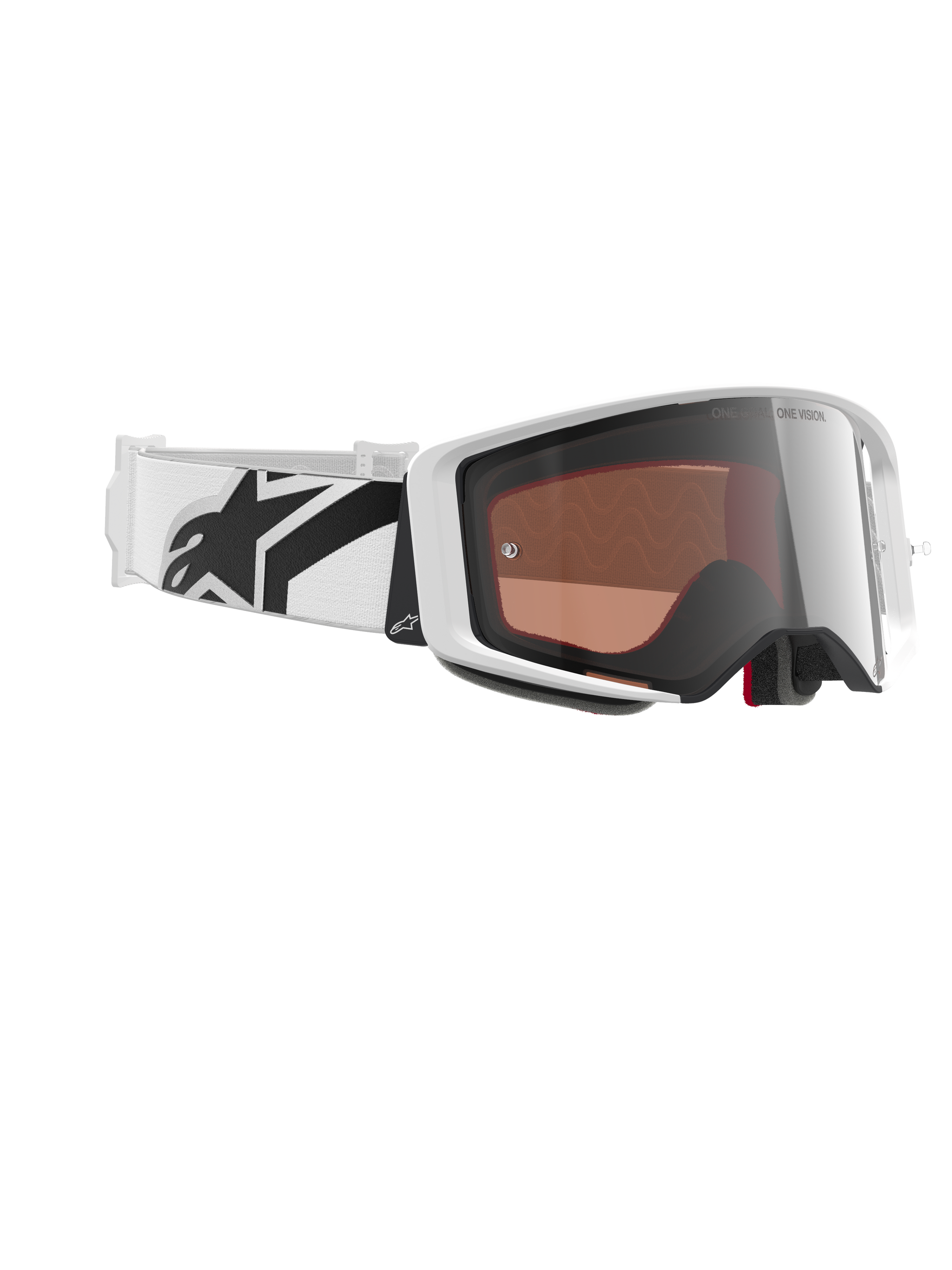 Alpinestars Supertech Corp Goggles Absolute Vision, maschera da motocross, bianco e argento a specchio, montatura bianca con lente argento riflettente, ampia fascia bianca regolabile con logo a stella nero, occhiali professionali per corse fuoristrada