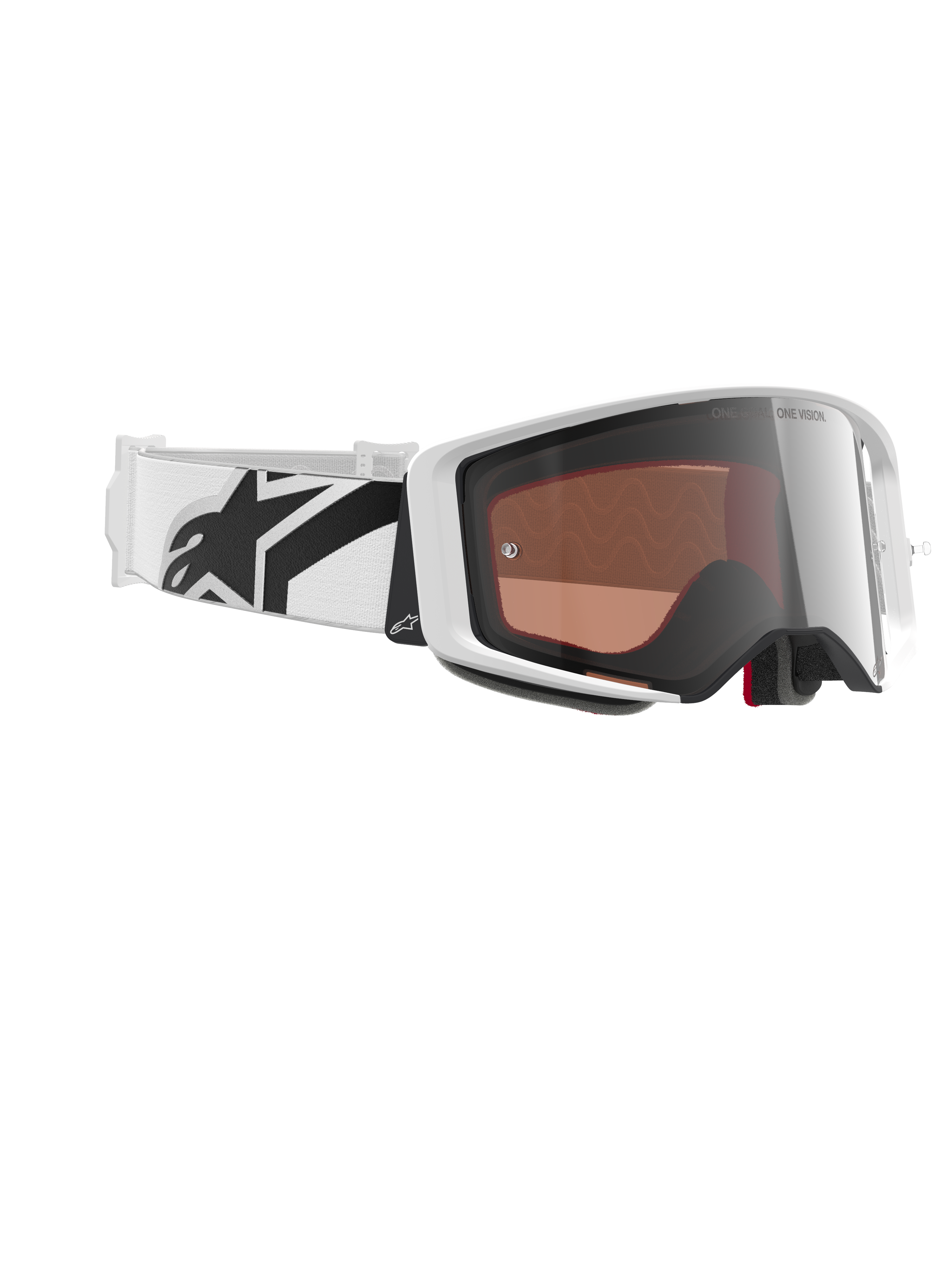 Alpinestars Supertech Corp Goggles Absolute Vision, maschera da motocross, bianco e argento a specchio, montatura bianca con lente argento riflettente, ampia fascia bianca regolabile con logo a stella nero, occhiali professionali per corse fuoristrada