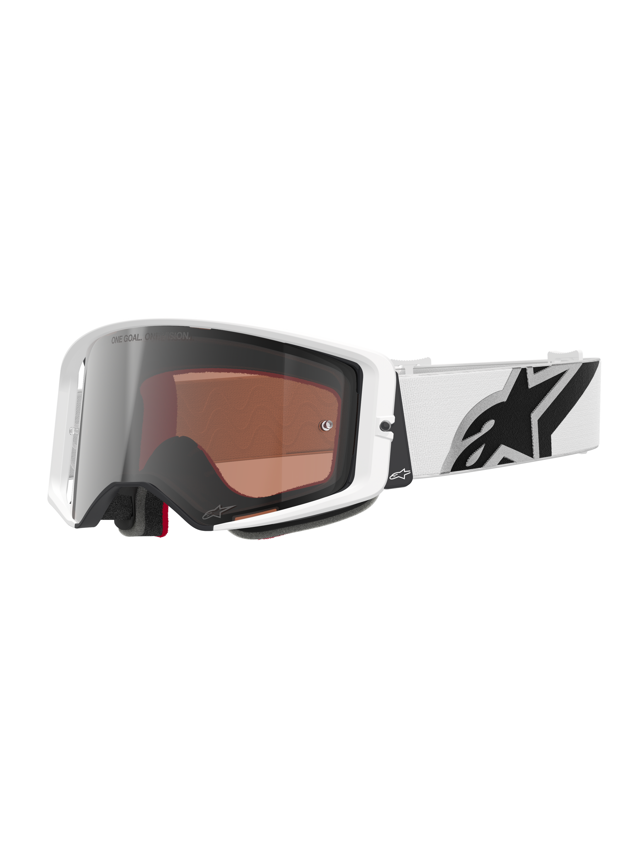 Alpinestars Supertech Corp Goggles Absolute Vision, maschera da motocross, montatura bianca con lente a specchio argento, ampia fascia bianca regolabile con grande logo a stella Alpinestars nero, protezione oculare ad alte prestazioni per corse fuoristrada
