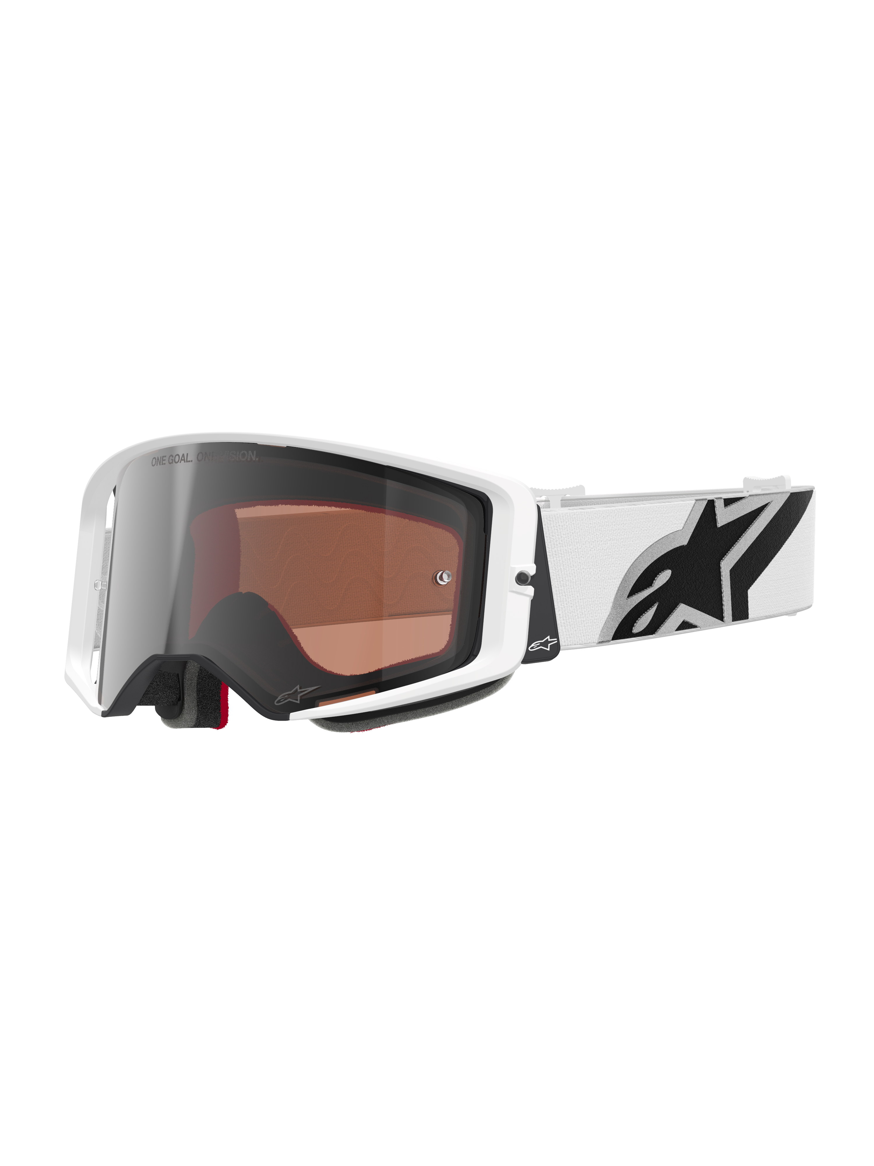 Alpinestars Supertech Corp Goggles Absolute Vision, maschera da motocross, montatura bianca con lente a specchio argento, ampia fascia bianca regolabile con grande logo a stella Alpinestars nero, protezione oculare ad alte prestazioni per corse fuoristrada
