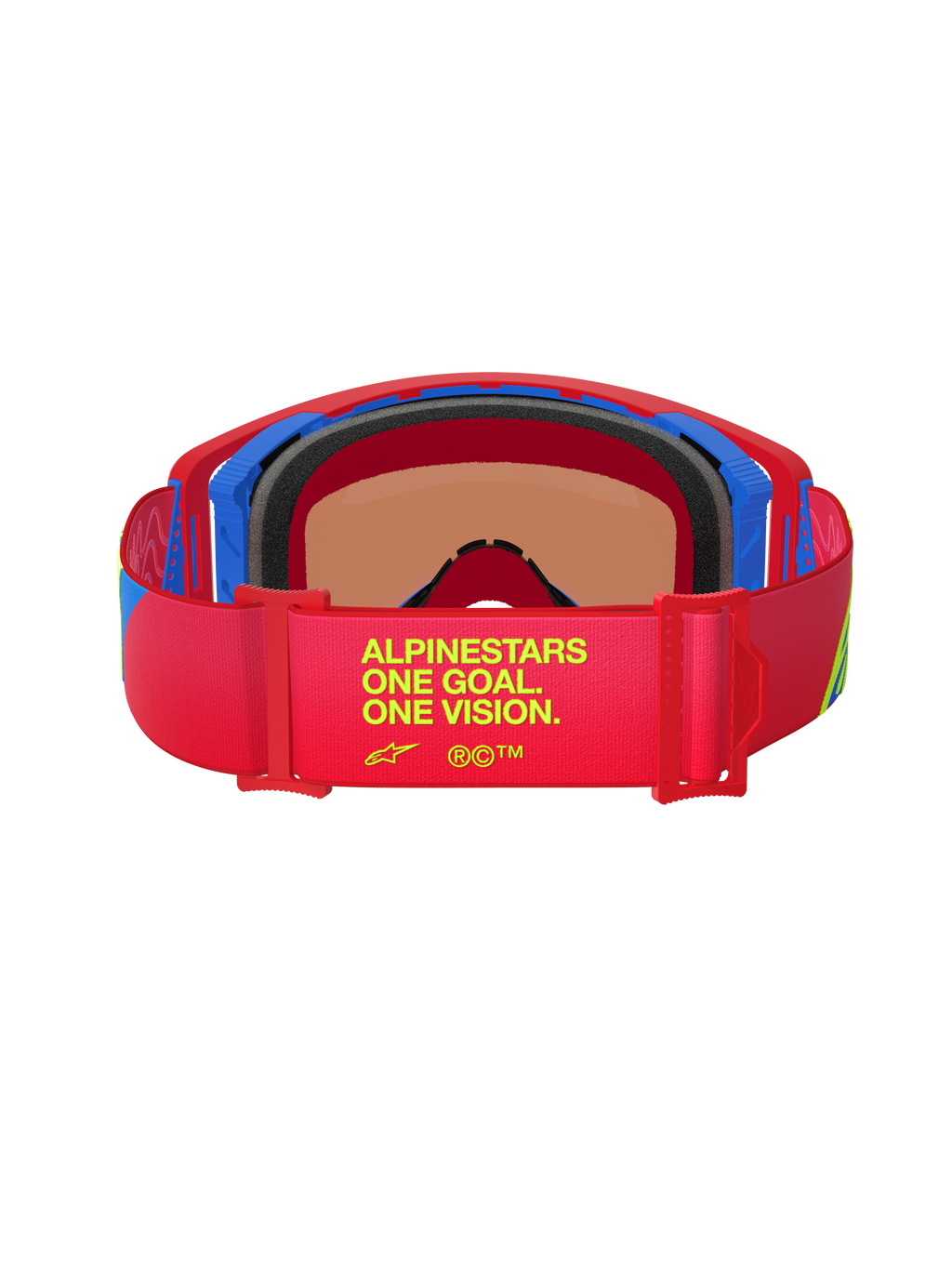 Occhiali Alpinestars Supertech Corp Absolute Vision, vista posteriore, montatura rossa e blu, fascia elastica rossa con scritta gialla 'One Goal. One Vision.', imbottitura facciale multistrato nera, occhiali da motocross ad alte prestazioni
