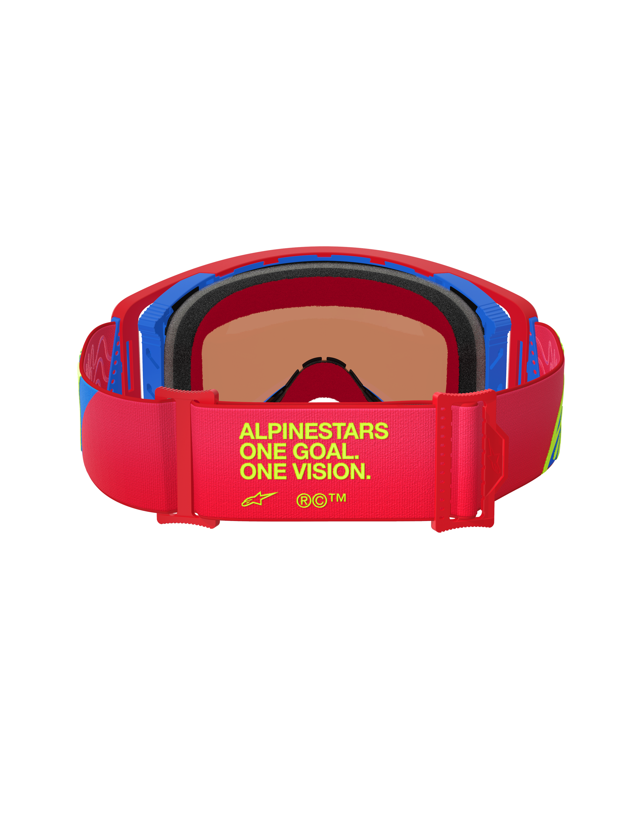 Occhiali Alpinestars Supertech Corp Absolute Vision, vista posteriore, montatura rossa e blu, fascia elastica rossa con scritta gialla 'One Goal. One Vision.', imbottitura facciale multistrato nera, occhiali da motocross ad alte prestazioni