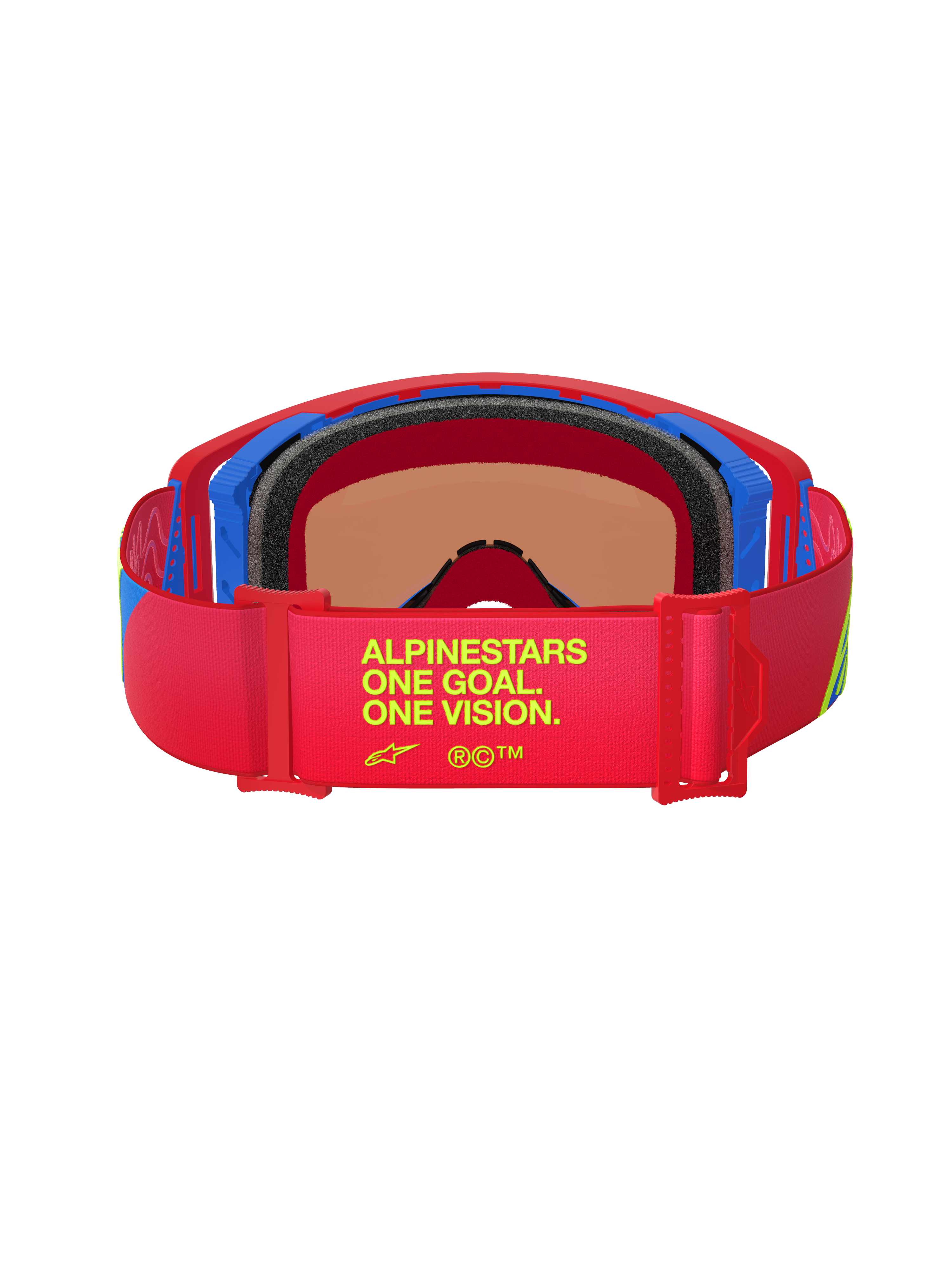 Occhiali Alpinestars Supertech Corp Absolute Vision, vista posteriore, montatura rossa e blu, fascia elastica rossa con scritta gialla 'One Goal. One Vision.', imbottitura facciale multistrato nera, occhiali da motocross ad alte prestazioni