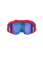 Alpinestars Supertech Corp Goggles Absolute Vision, occhiali da motocross, rosso e blu con lente Mirror Blue, caratterizzati da una montatura rossa con accenti blu, fascia rossa con motivo e scritta 'ONE GOAL... ONE VISION.' sulla lente
