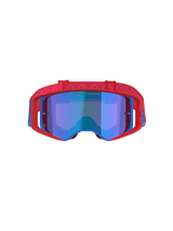 Alpinestars Supertech Corp Goggles Absolute Vision, occhiali da motocross, rosso e blu con lente Mirror Blue, caratterizzati da una montatura rossa con accenti blu, fascia rossa con motivo e scritta 'ONE GOAL... ONE VISION.' sulla lente