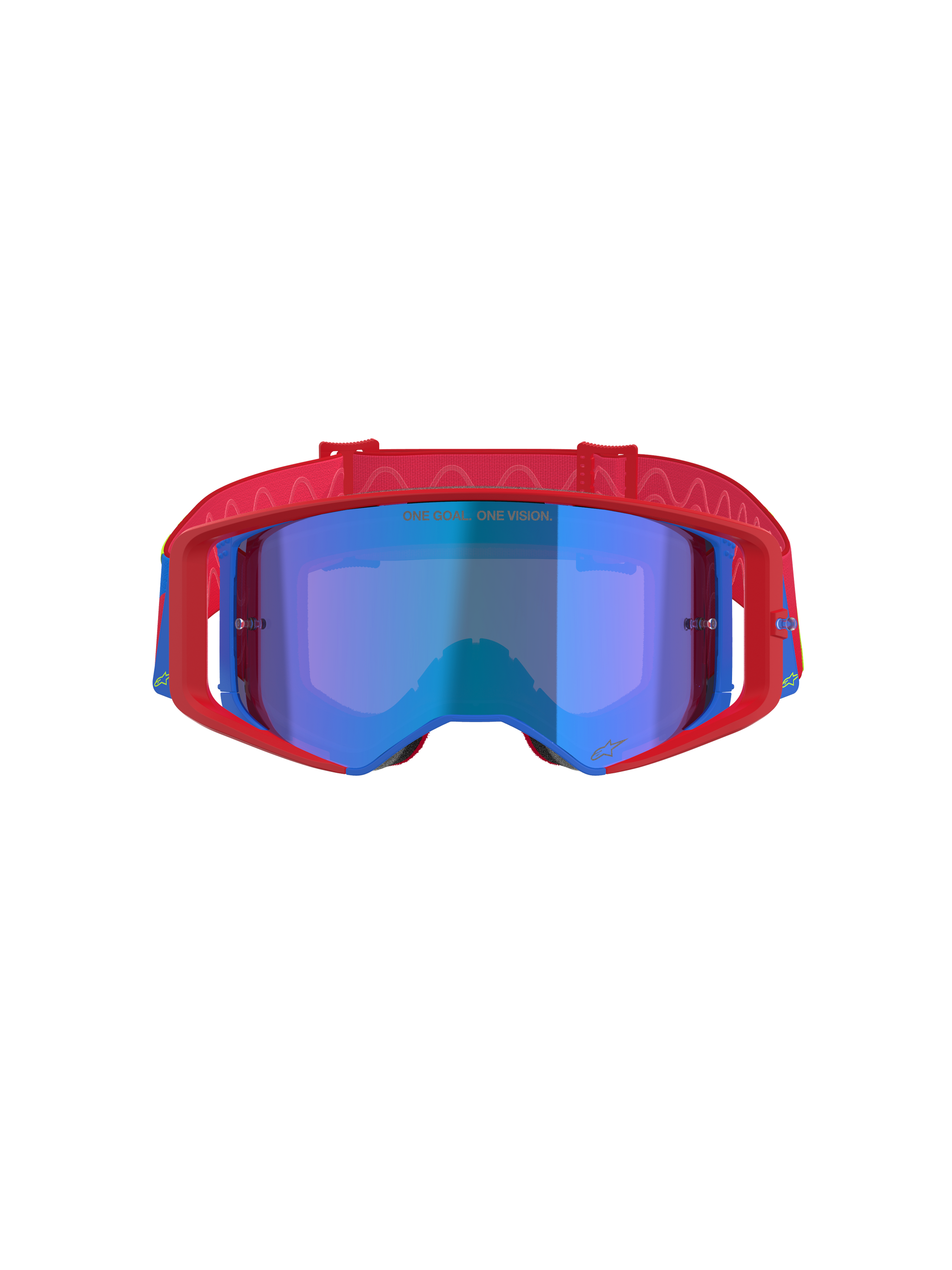 Alpinestars Supertech Corp Goggles Absolute Vision, occhiali da motocross, rosso e blu con lente Mirror Blue, caratterizzati da una montatura rossa con accenti blu, fascia rossa con motivo e scritta 'ONE GOAL... ONE VISION.' sulla lente