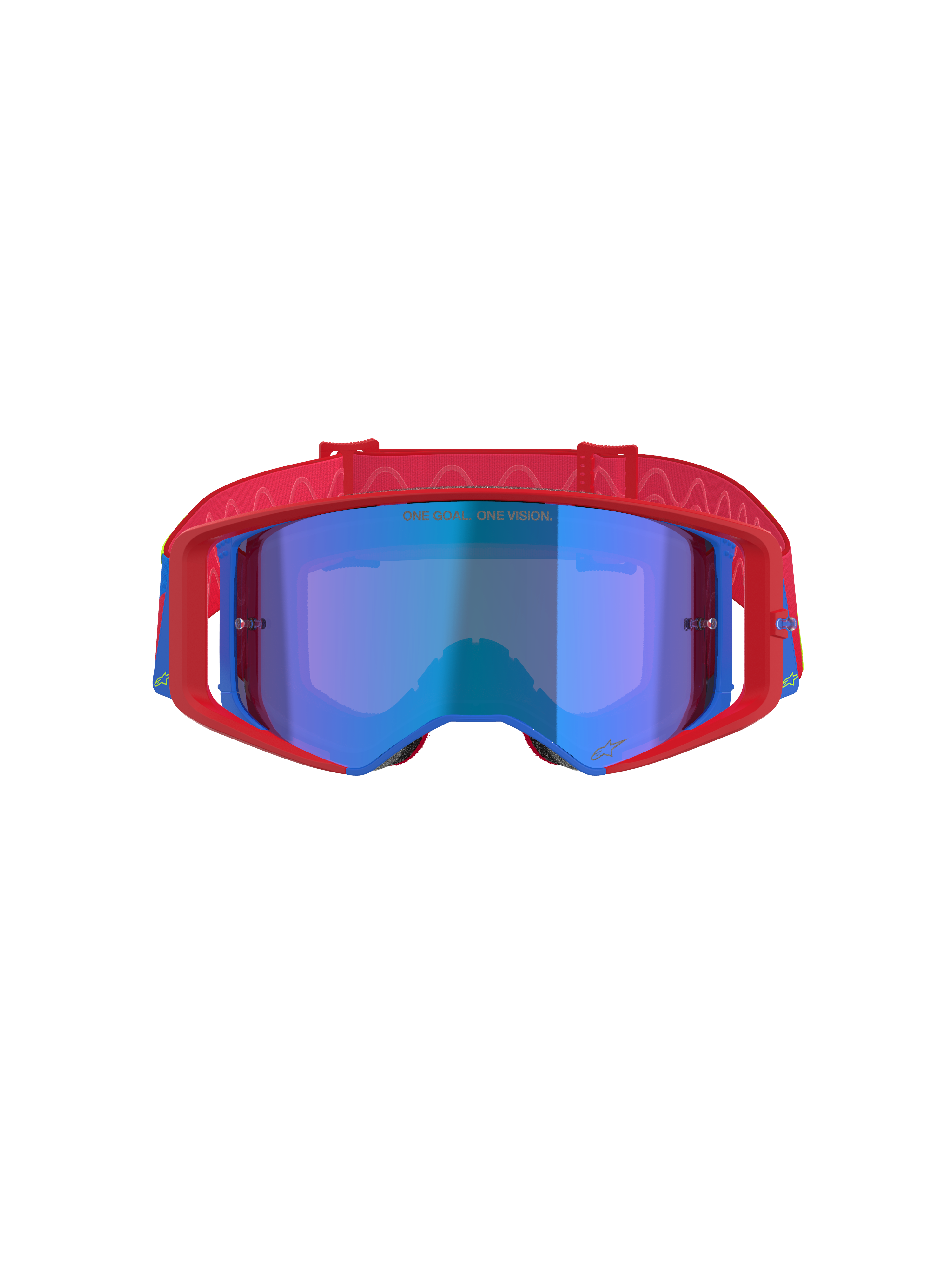 Alpinestars Supertech Corp Goggles Absolute Vision, occhiali da motocross, rosso e blu con lente Mirror Blue, caratterizzati da una montatura rossa con accenti blu, fascia rossa con motivo e scritta 'ONE GOAL... ONE VISION.' sulla lente