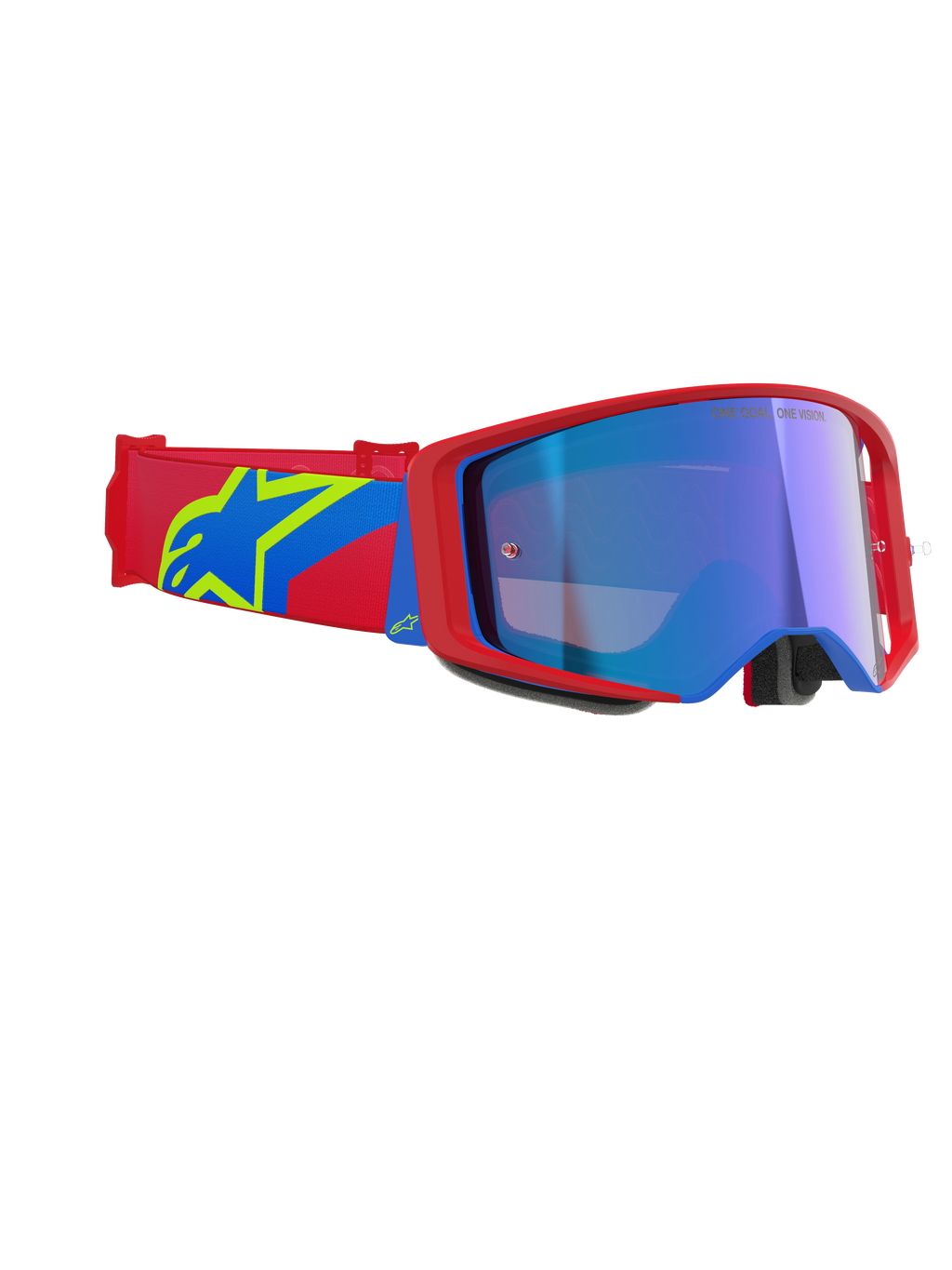 Alpinestars Supertech Corp Goggles Absolute Vision, maschera da motocross, montatura rossa e blu con lente blu specchiata, fascia rossa e blu con logo Alpinestars a stella giallo, occhiali professionali per corse fuoristrada
